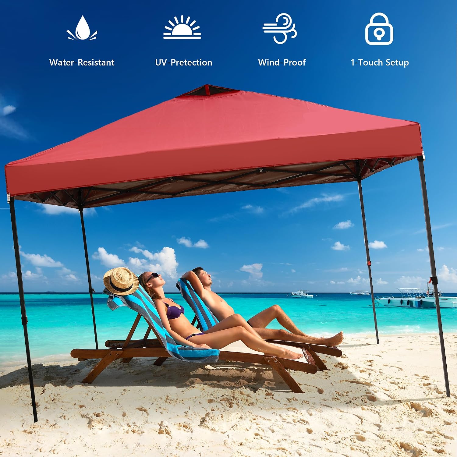 GDY 10x10 Pop Up Canopy Tent with 4 Sidewalls, Easy Set up with One Push Lift Outdoor Silver Coated Beach Gazebos, Carpas with 4 Sandbags, for Pool, Events, Parties, and Camping, Red.