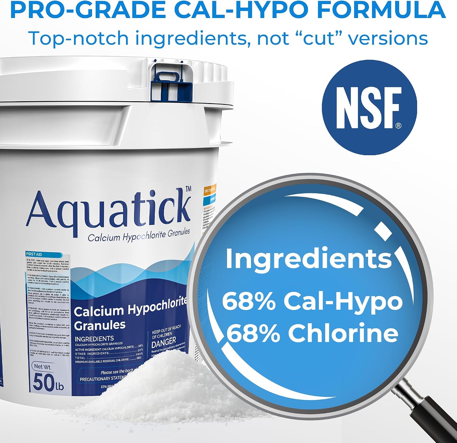 Pro-Grade Chlorine Pool Shock, 68% Cal-Hypo Granular Sanitizer, Prevents Bacteria & Algae, Restores Crystal Clear Water - Shock Treatment, Swimming Pool Chemical - 50Lb