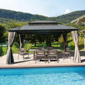 Domi Hardtop Gazebo 12X16FT, Outdoor Aluminum Gazebo with Polycarbonate Double Roof, Curtain and Netting,Permanent Pavilion for Patio Deck,Backyard, Brown