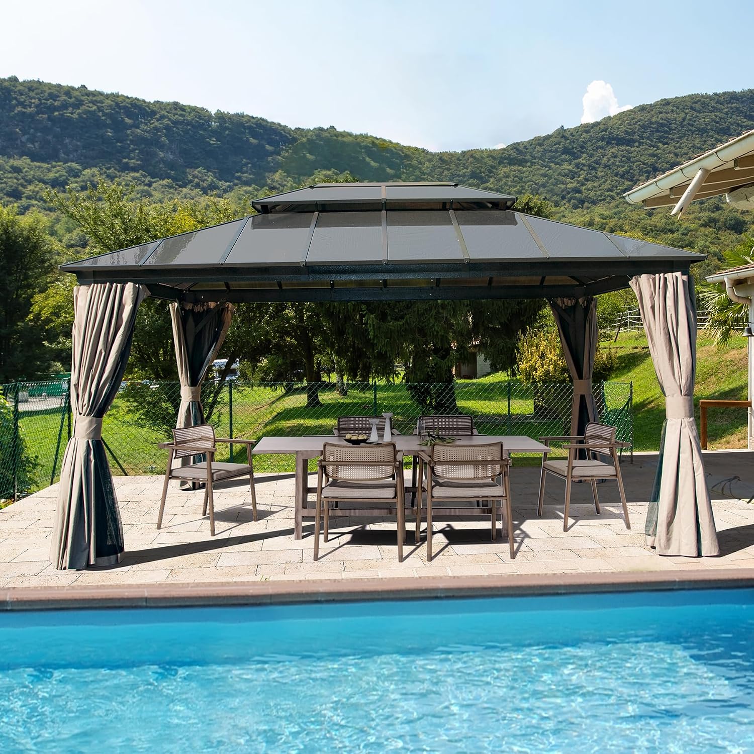 Domi Hardtop Gazebo 12X16FT, Outdoor Aluminum Gazebo with Polycarbonate Double Roof, Curtain and Netting,Permanent Pavilion for Patio Deck,Backyard, Brown