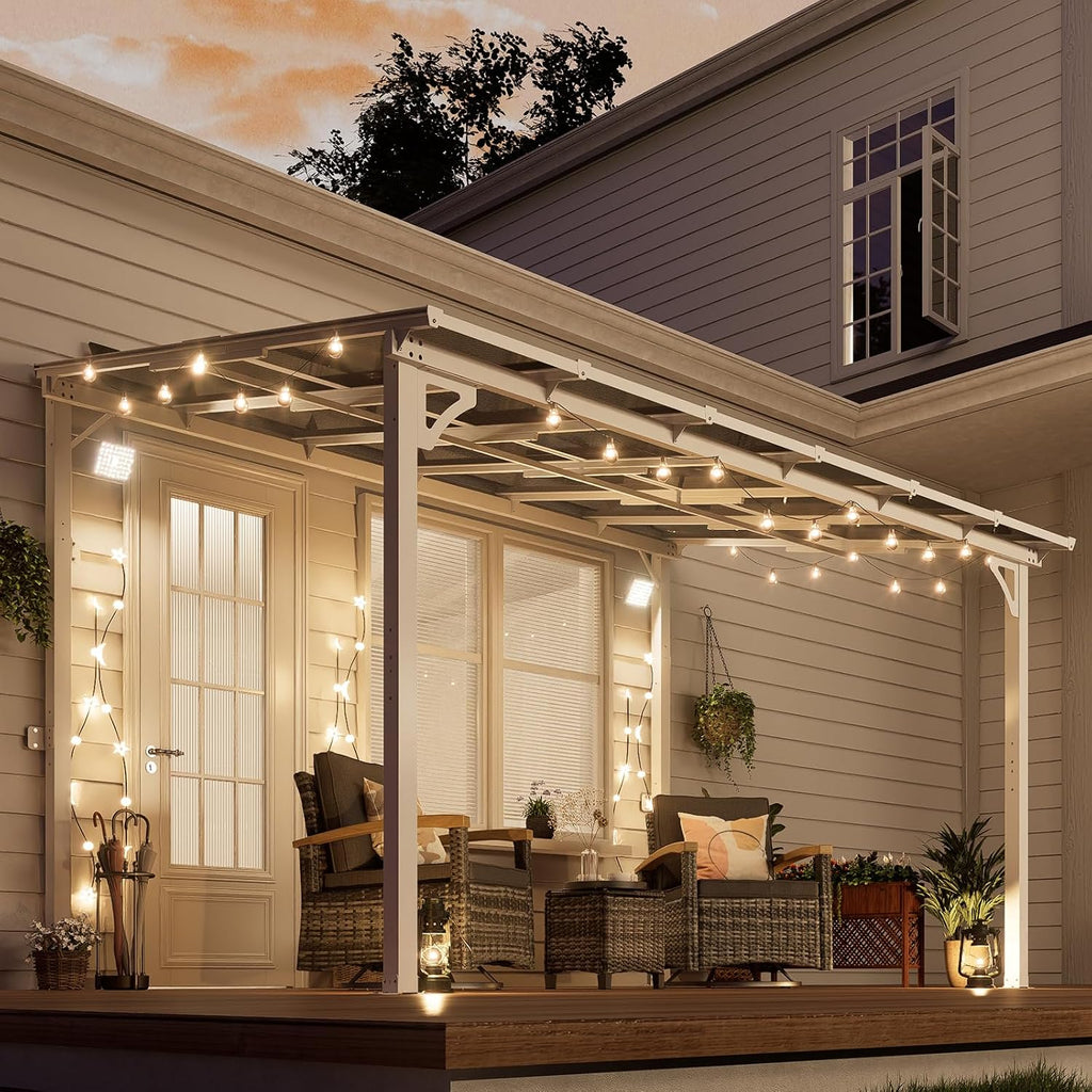 MEISSALIVVE 8' x 12' Wall Mounted Lean to Metal Awnings with Sloped Roof, Outdoor Patio Gazebo Awning for Backyard, Deck, White