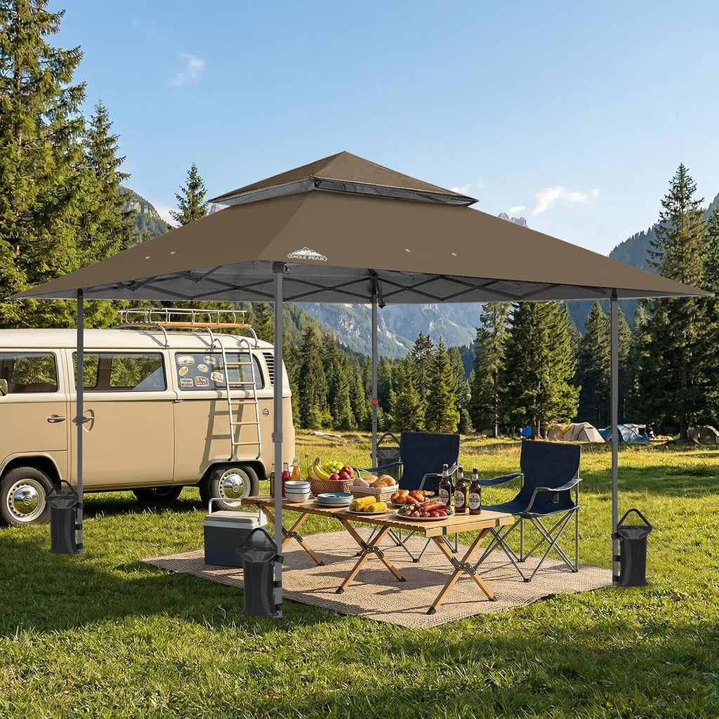 EAGLE PEAK 13x13 Straight Leg Pop Up Canopy Tent Instant Outdoor Canopy Easy Single Person Set up Folding Shelter w/Auto Extending Eaves 169 Square Feet of Shade (Brown)