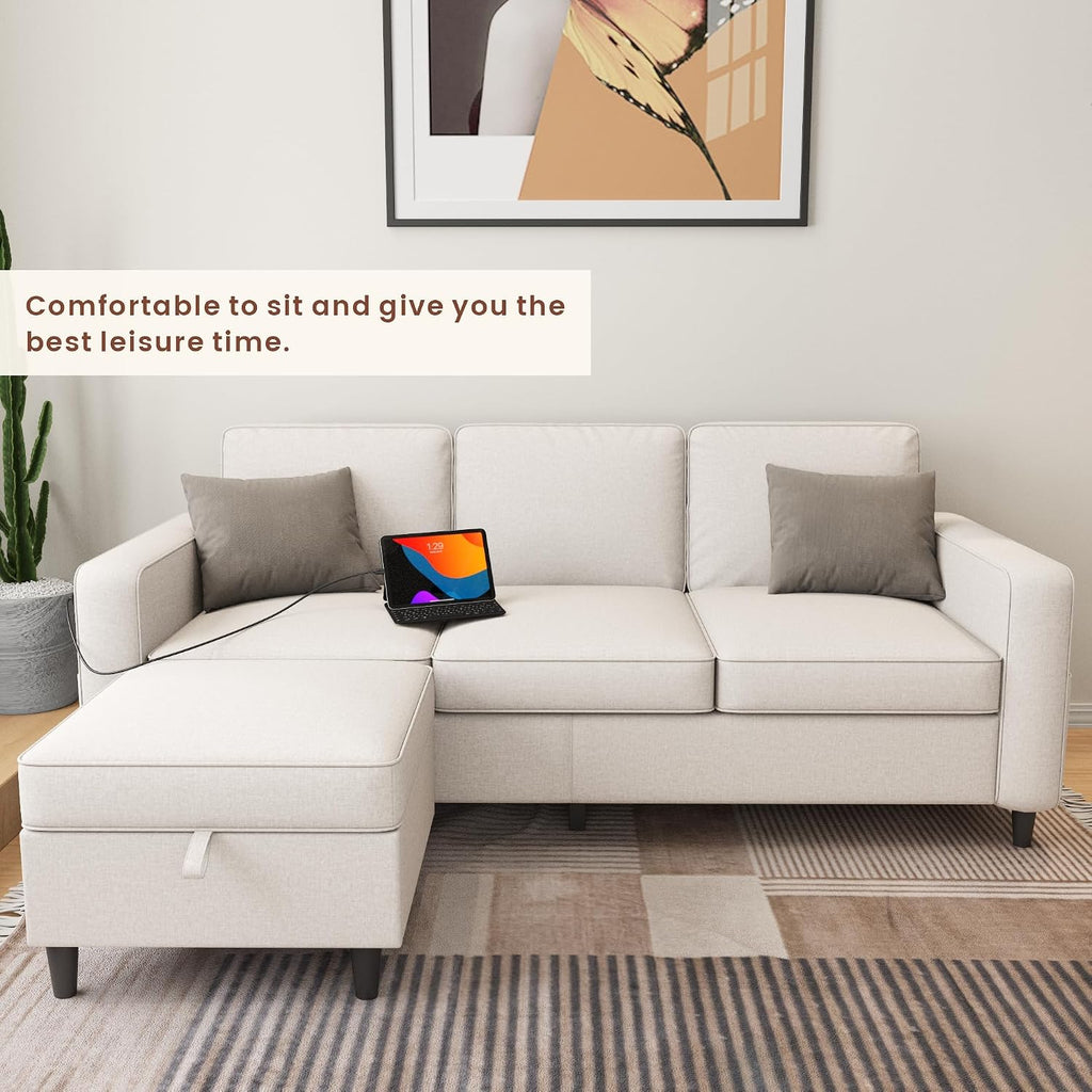 Youmumeub Sectional Couches for Living Room - Convertible Sofa and Storage Bench,79''Modern Corner Configuration,Suitable for Living Room, Apartment, Bedroom and Office-Beige | Reversible Chaise, Washable Covers