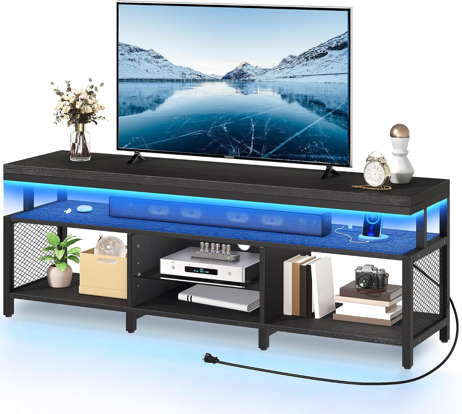 YITAHOME TV Stands for Living Room, TV Stand for 70/65 inch TV, Entertainment Center with Storage, LED TV Stand with Power Outlets, Industrial TV Console Cabinet, Black