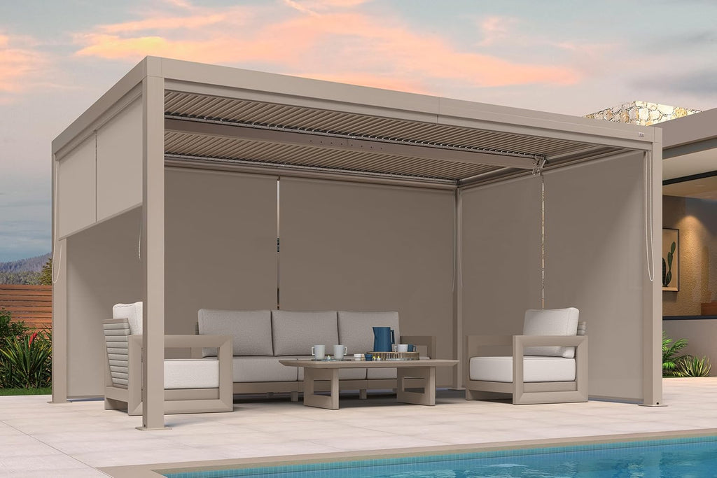 PURPLE LEAF Louvered Pergola 10' × 15' Champagne Outdoor Aluminum Pergola, Adjustable Gazebp for Deck Garden Backyard Patio Retractable Roof Canopy, 1 Long Side and 2 Short Side