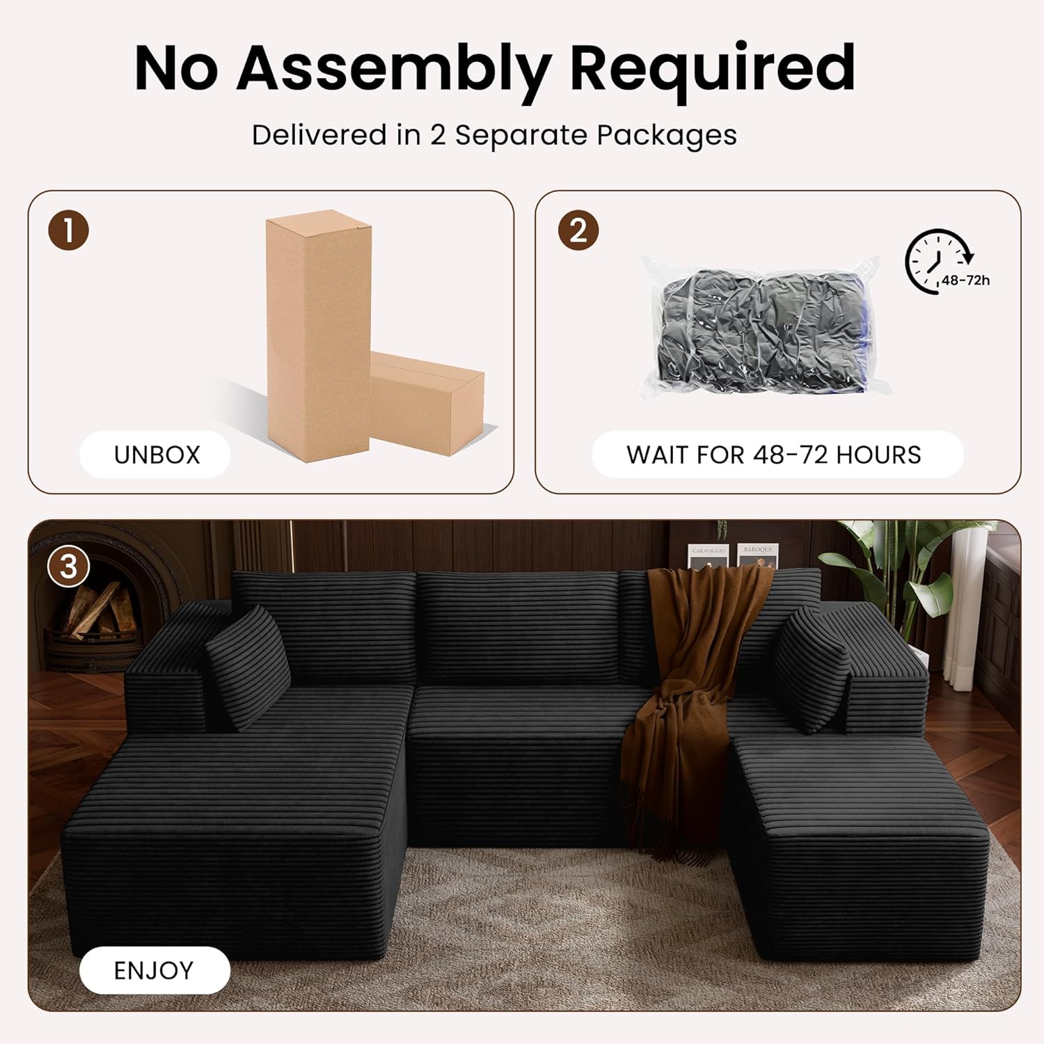 106' Cloud Sectional Boneless Couches for Living Room, Modular U Shaped Couch with Deep Seat, Removable Ottoman, Memory Foam Compressed Spineless 4 Seater Sofa for Bedroom Apartment, Black