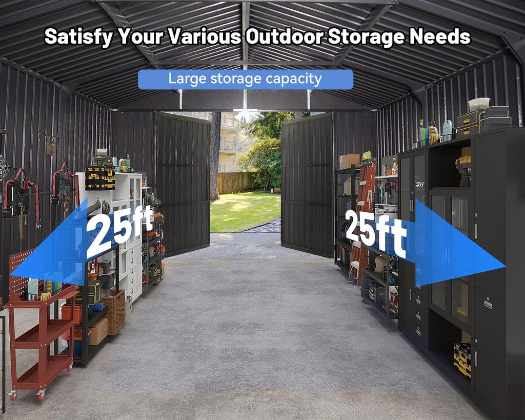 12x25FT Metal Carport, Heavy Duty Metal Garage with 2 Lockable Doors, Metal Steel Storage Shed, Metal Shed, Car Garage, Outdoor Large Garage for RV, Truck & Lawnmower -Dark Grey