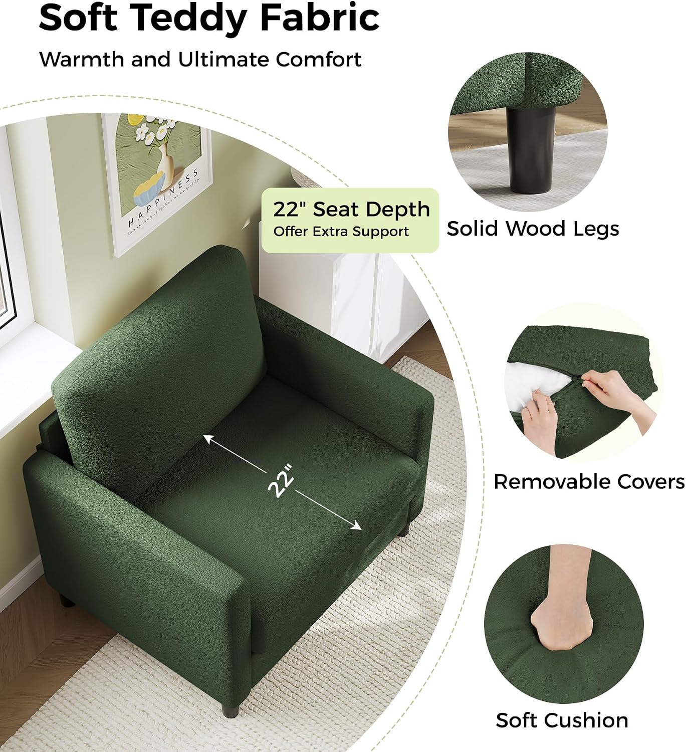 Welzona Sofa Reading Chair,33' Accent Chair for Bedroom, Tool-Free Setup Living Room Accent Chairs, Comfy Arm Chairs Living Room, All-Wood Reading Nook, Green