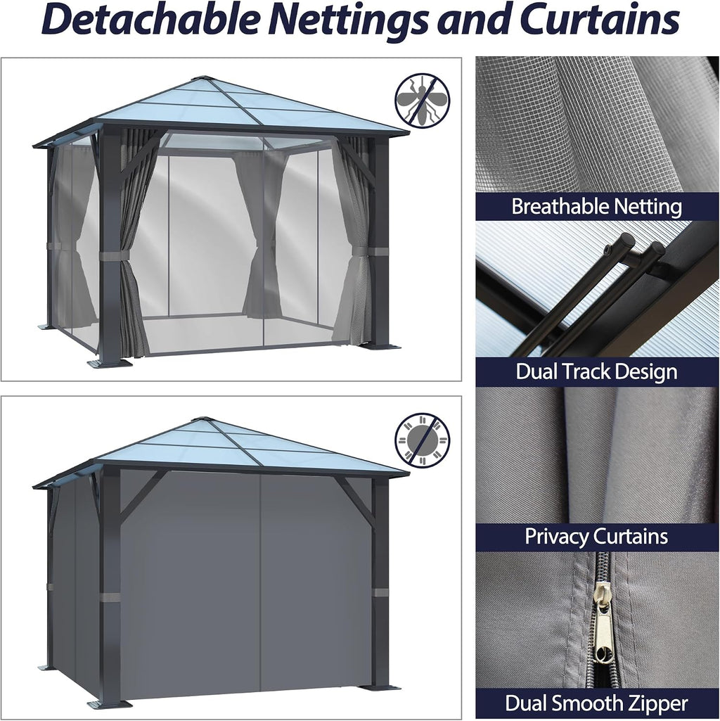 10'x10' Hardtop Gazebo, Outdoor Polycarbonate Roof Gazebo Metal Frame Permanent Pavilion with Netting & Curtains for Garden, Patio, Lawns(Grey)