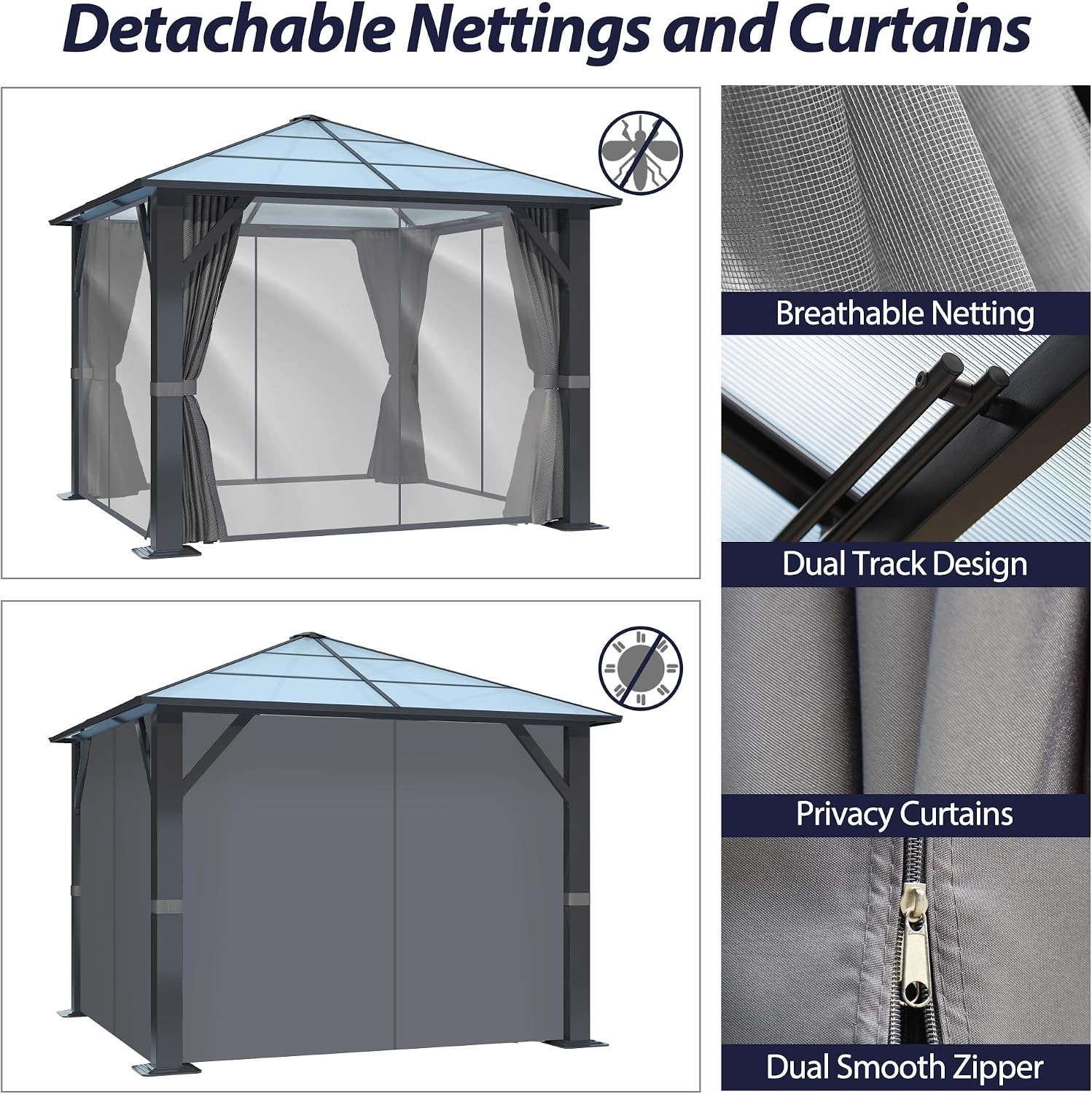 10'x10' Hardtop Gazebo, Outdoor Polycarbonate Roof Gazebo Metal Frame Permanent Pavilion with Netting & Curtains for Garden, Patio, Lawns(Grey)