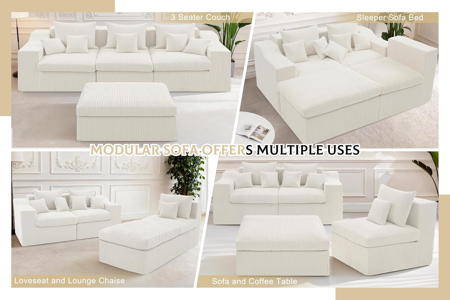 101' Modular Couch Sectionals with Ottoman, Big Comfy Cloud Couches, L Shaped 4 Seat Modular Sectional Sofa, Sectional Double Cushion Couches with Deep Seat for Living Room,No Assembly Required(Beige)