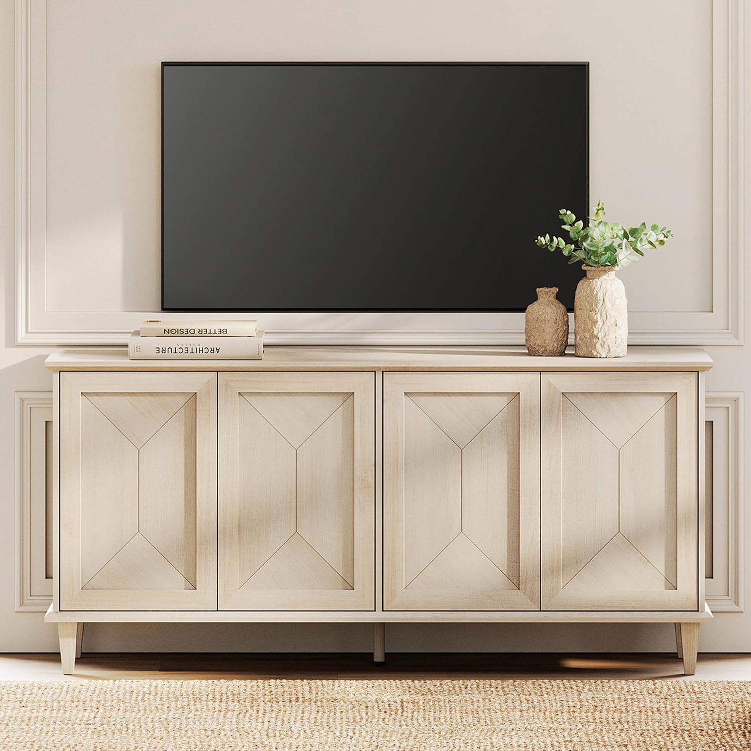 WAMPAT 65' Modern Farmhouse TV Stand with Handcrafted Patchwork Doors for 55-75' TVs, Entertainment Center Console with Cable Management, Adjustable Shelves Storage for Living Room, Light Oak