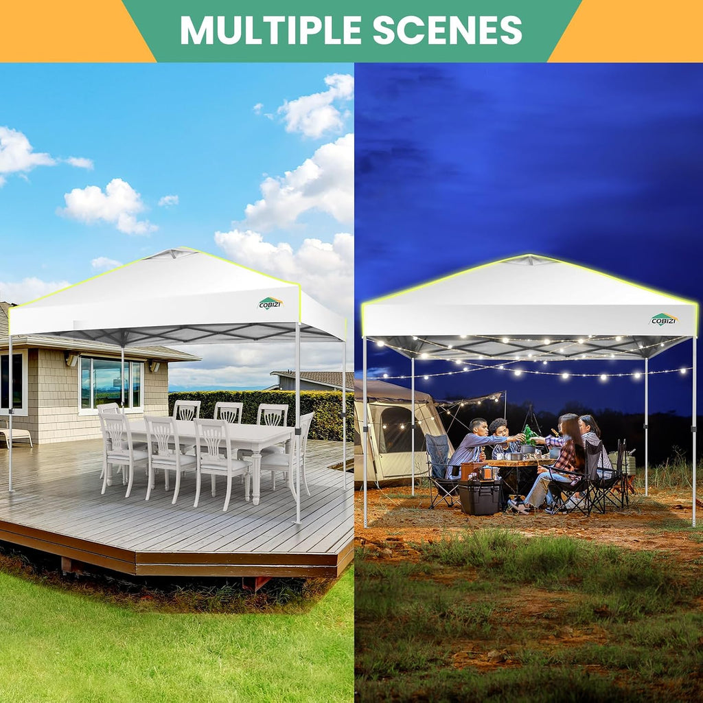 COBIZI 10x10 Pop Up Canopy Tent, Outdoor Party Tent Without Sidewall One Push Setup Glow, 3 Adjustable Height Air Vent Waterproof UPF50+, Bag, 4 Sandbag, 8 Stake, 4 Rope for Beach, Commercial