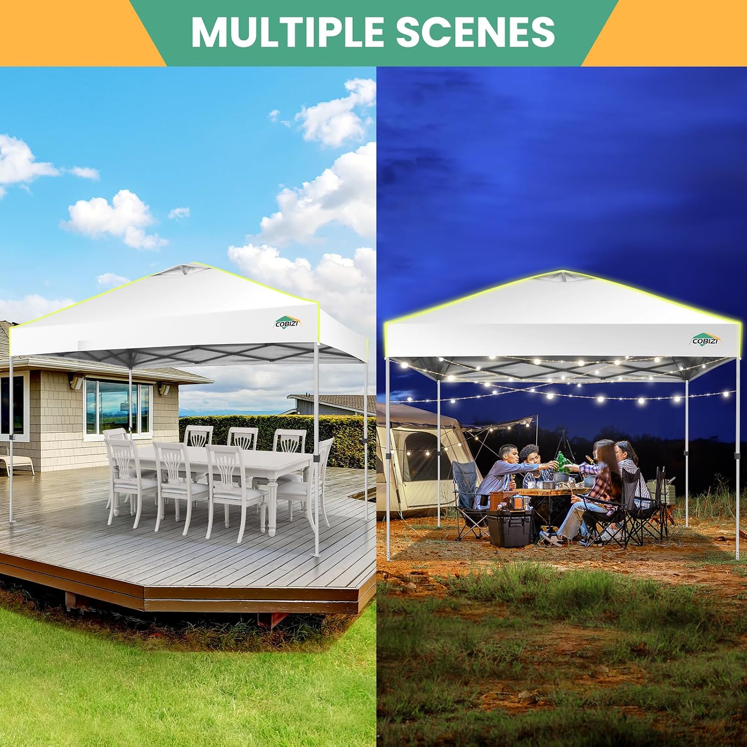 COBIZI 10x10 Pop Up Canopy Tent, Outdoor Party Tent Without Sidewall One Push Setup Glow, 3 Adjustable Height Air Vent Waterproof UPF50+, Bag, 4 Sandbag, 8 Stake, 4 Rope for Beach, Commercial