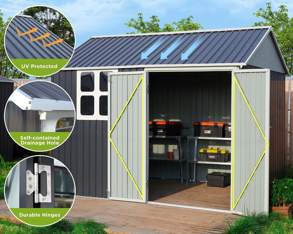 VanAcc 10x8x8 FT Shed 4-pane Window Nordic Cottage Storage Shed Outdoor Metal Garden House Double Hinged Lockable Doors for Backyard Garden Patio Lawn Dark Grey/White
