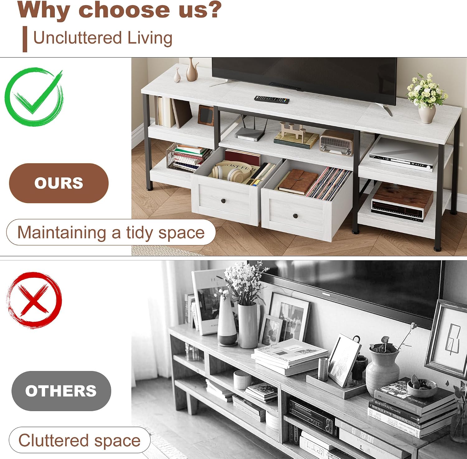 GarveeHome Rustic 71 in TV Stand for TVs Up to 75', Industrial Media Console with 2 Drawers and Open Storage Shelves, Sturdy Metal Frame Entertainment Center, White