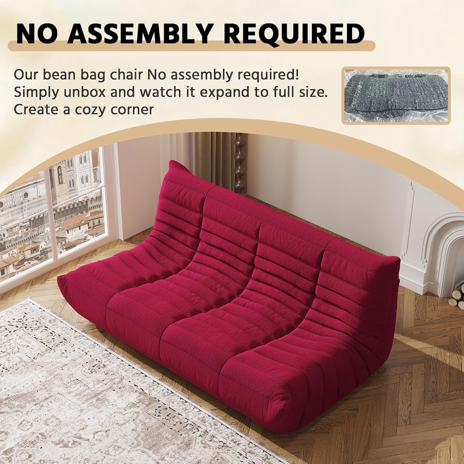 3-Seater Giant Loveseat Boneless Bean Bag Chair for Adults - Teddy Fleece Fireside Accent Chair with Memory Foam, Comfy Lazy Floor Sofa Couch Chaise Lounge for Living Room Bedroom Theater