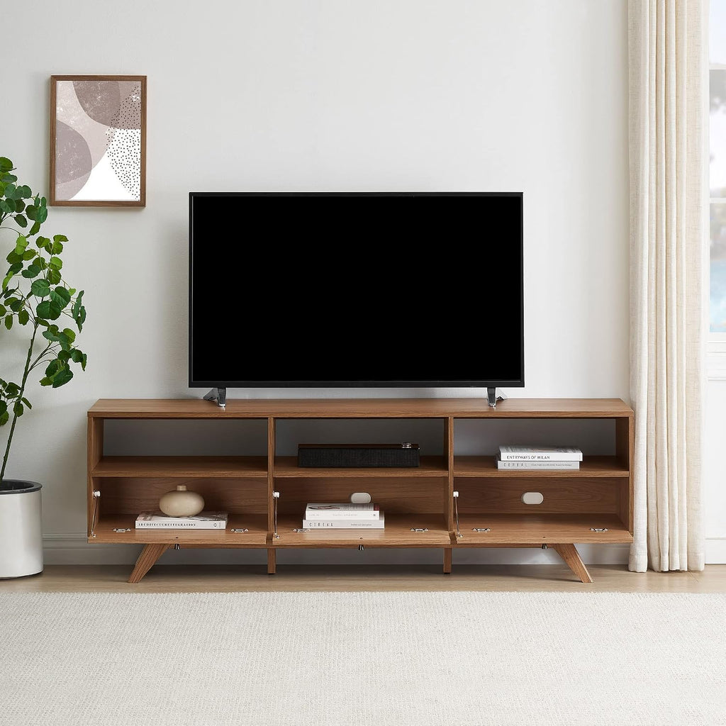 Walker Edison Kimi Mid Century Modern Minimalist Drop-Down Door Stand for TVs up to 85 Inches, 70 Inch, Mocha