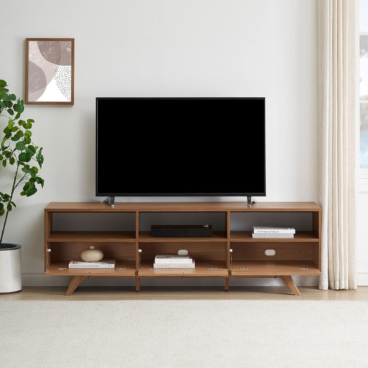 Walker Edison Kimi Mid Century Modern Minimalist Drop-Down Door Stand for TVs up to 85 Inches, 70 Inch, Mocha