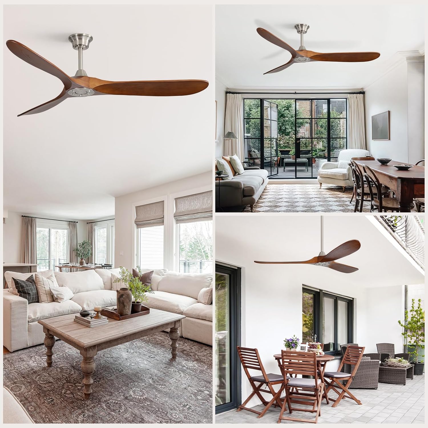 CACI Mall 60' Ceiling Fan no Light, Outdoor Ceiling Fans for Patios Without Lights, Remote Control, Solid Wood 3 Blades, Quiet, Indoor Ceiling Fan for Living Room, Patio, Bedroom, Porch, Farmhouse