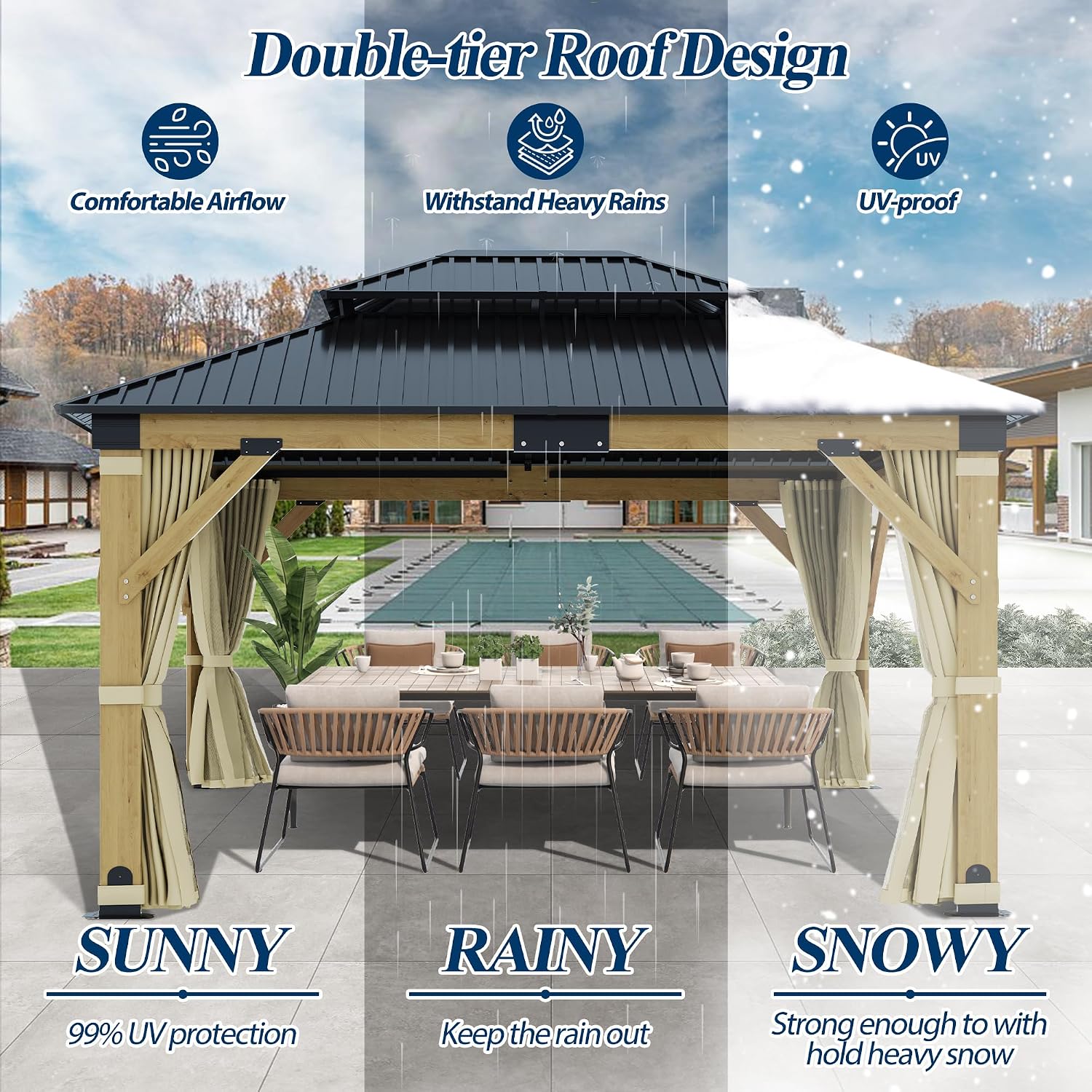 COVERONICS 11FT x 13FT Outdoor Wood Gazebo - Patio Wooden Gazebo with Galvanized Steel Hardtop, Heavy-Duty Double Roof Gazebos with Netting & Curtains for Garden, Poolside, Deck, Backyard