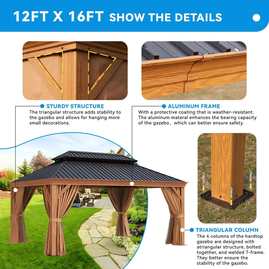 12' x 16' Hardtop Gazebo, Double Galvanized Steel Roof, Permanent Aluminum Pavilion with Privacy Curtains and Mosquito Netting, Durable Outdoor Metal Gazebo for Parties, Gardens and Lawns