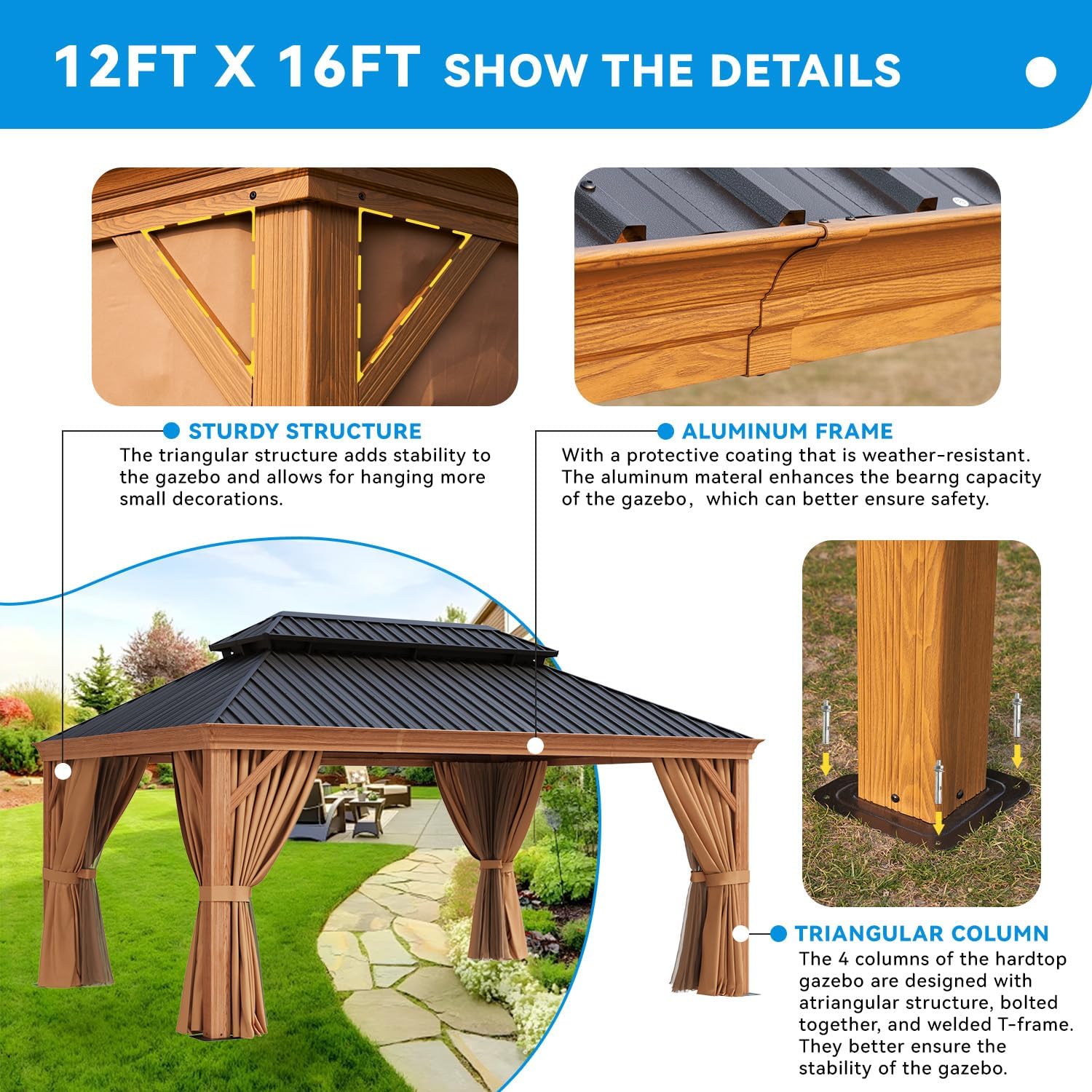 12' x 16' Hardtop Gazebo, Double Galvanized Steel Roof, Permanent Aluminum Pavilion with Privacy Curtains and Mosquito Netting, Durable Outdoor Metal Gazebo for Parties, Gardens and Lawns