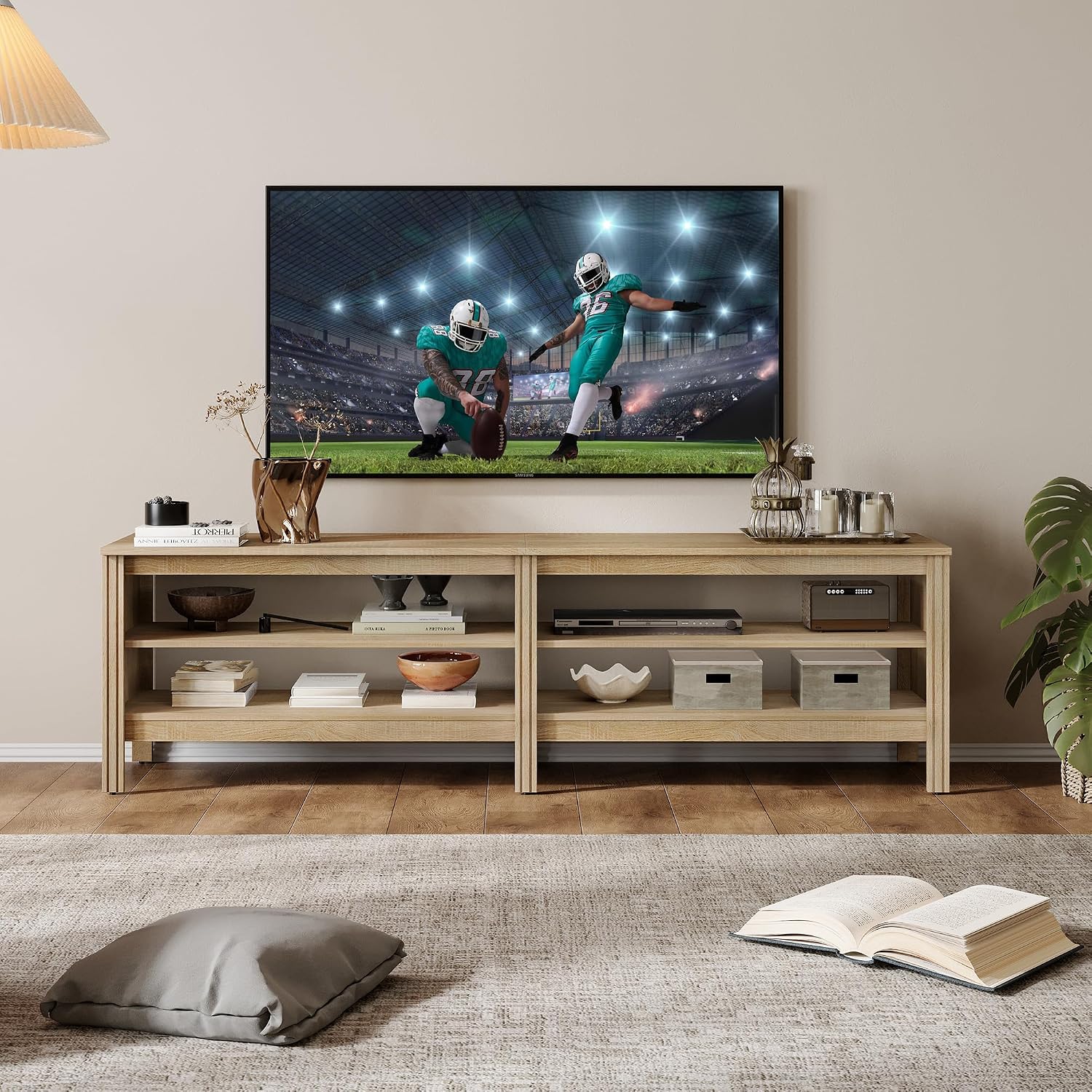 WAMPAT Modern TV Stand for 75 Inch TV, Entertainment Center for 55 60 65 70 inch TV Console Table with 4 Cubby Storage for Living Room Bedroom, Oak
