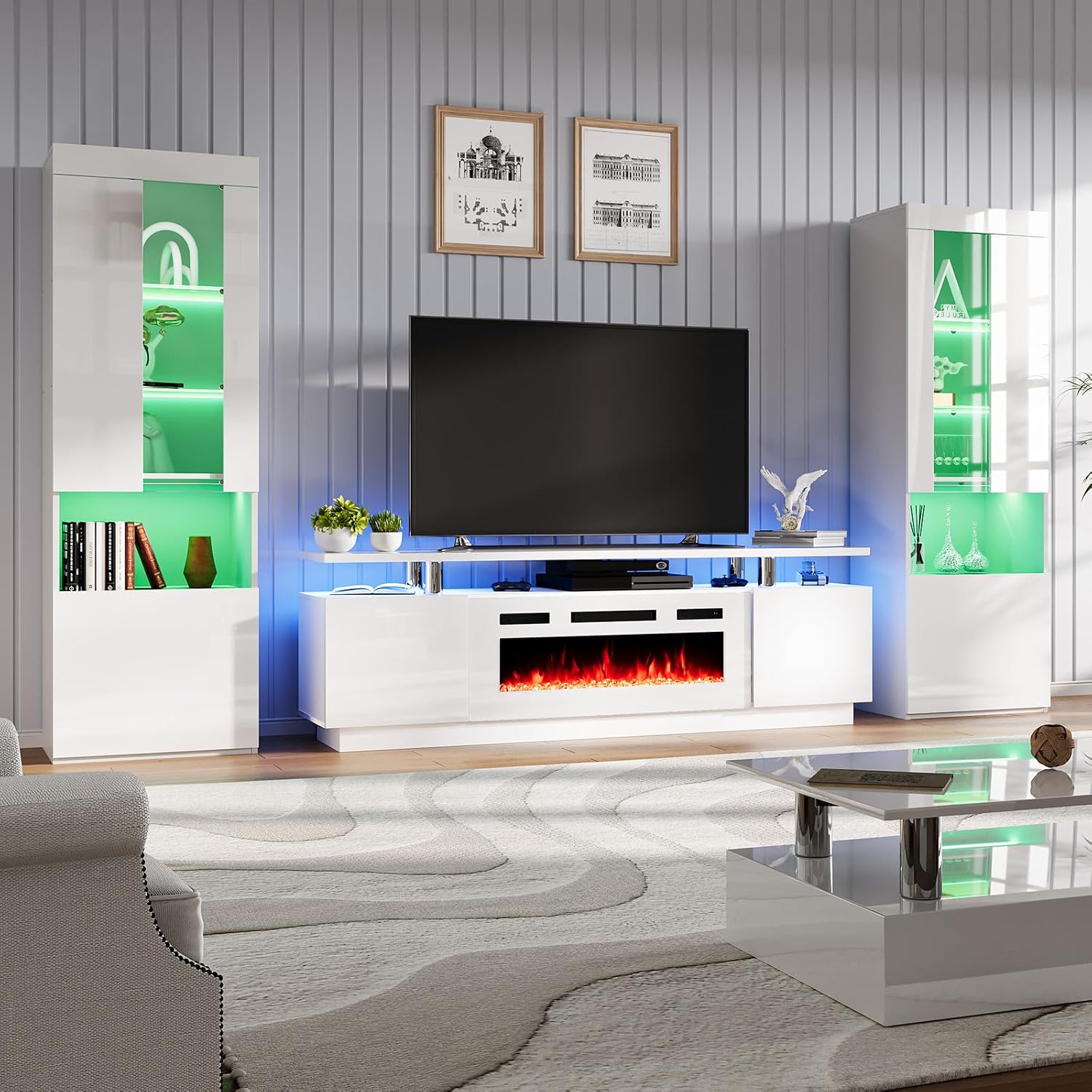 AMERLIFE Entertainment Center with 2-Tier Fireplace TV Stand, 2 x Modern High Gloss Bookshelves with LED Lights & Glass Doors, White
