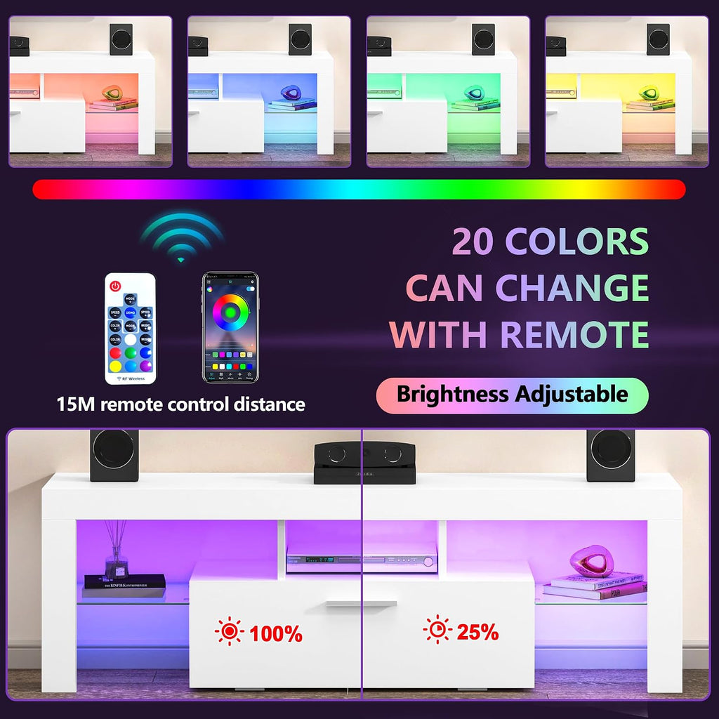 Clikuutory Modern Lighting 51 inch TV Stand with Large Storage Drawer for 32 40 50 55 Inch TVs, TV Console with 20 Color LED Lights, Entertainment Center Media and Open Shelf for Bedroom, White