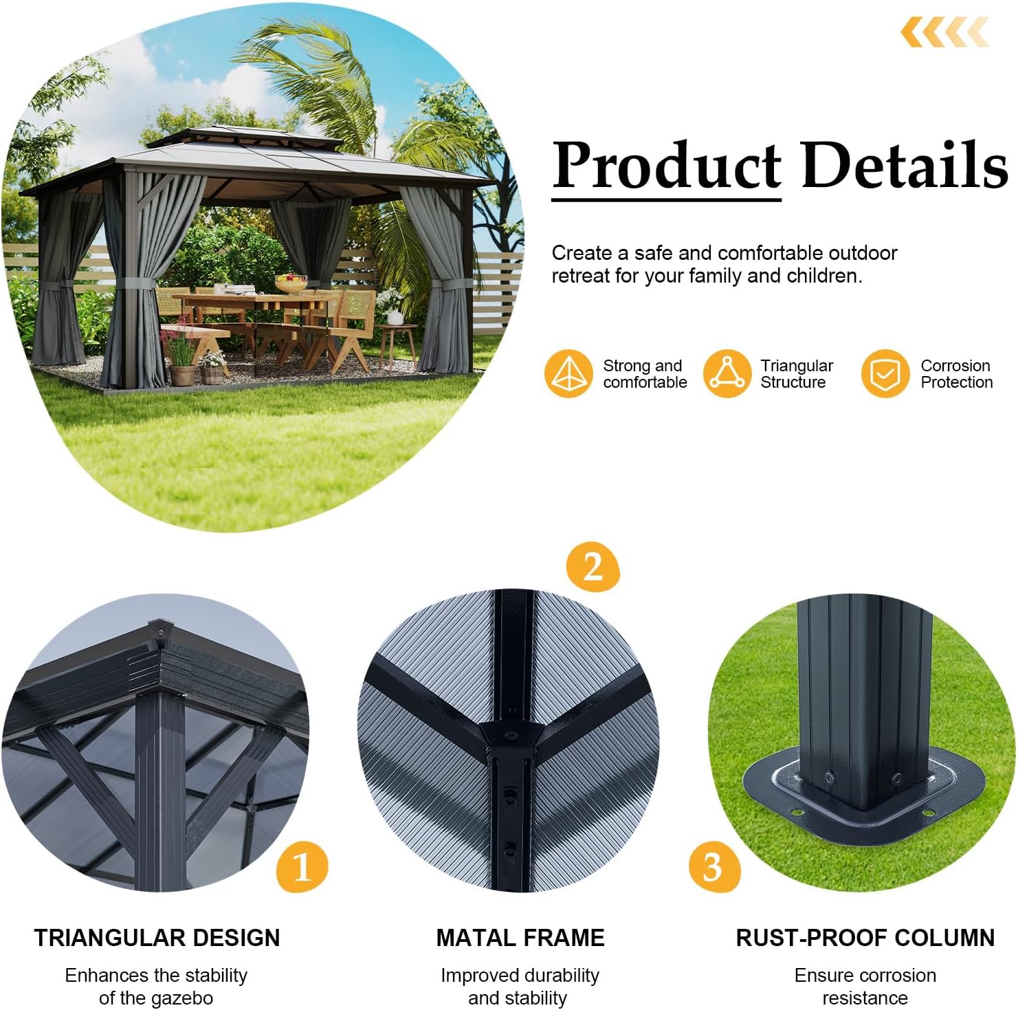 12' x 14' Gray Double Roof Gazebo with Polycarbonate Panels – Sturdy Aluminum Frame, Outdoor Pavilion with Curtains for Patio, Garden & Backyard
