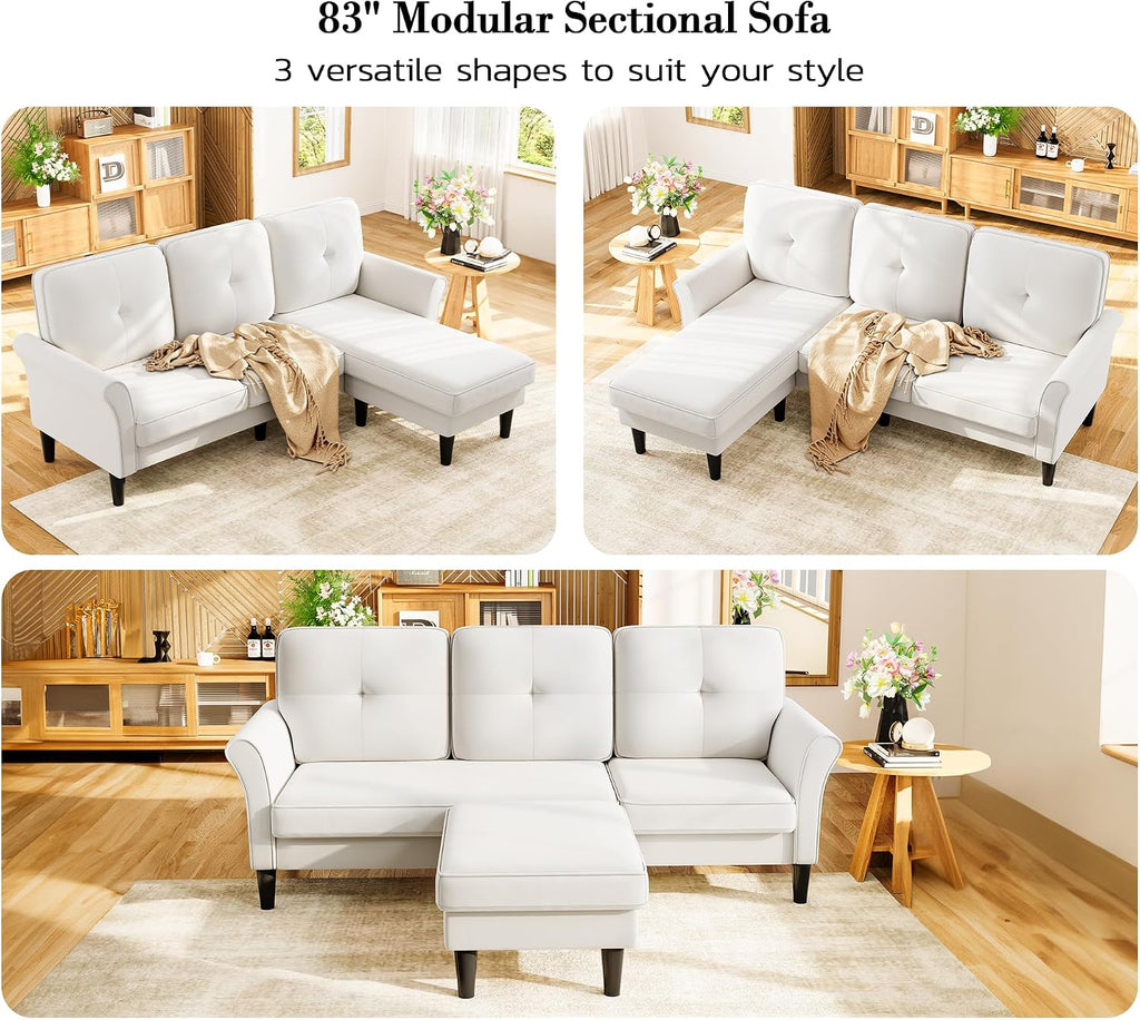 Kidirect 83' Sectional Couch, Velvet L-Shaped Couch 3 Seater Sectional Couches for Living Room, Comfy Fluffy Deep Seat Loveseat, Modular Sectional Sofa with Ottoman for Apartment Office, White Couch
