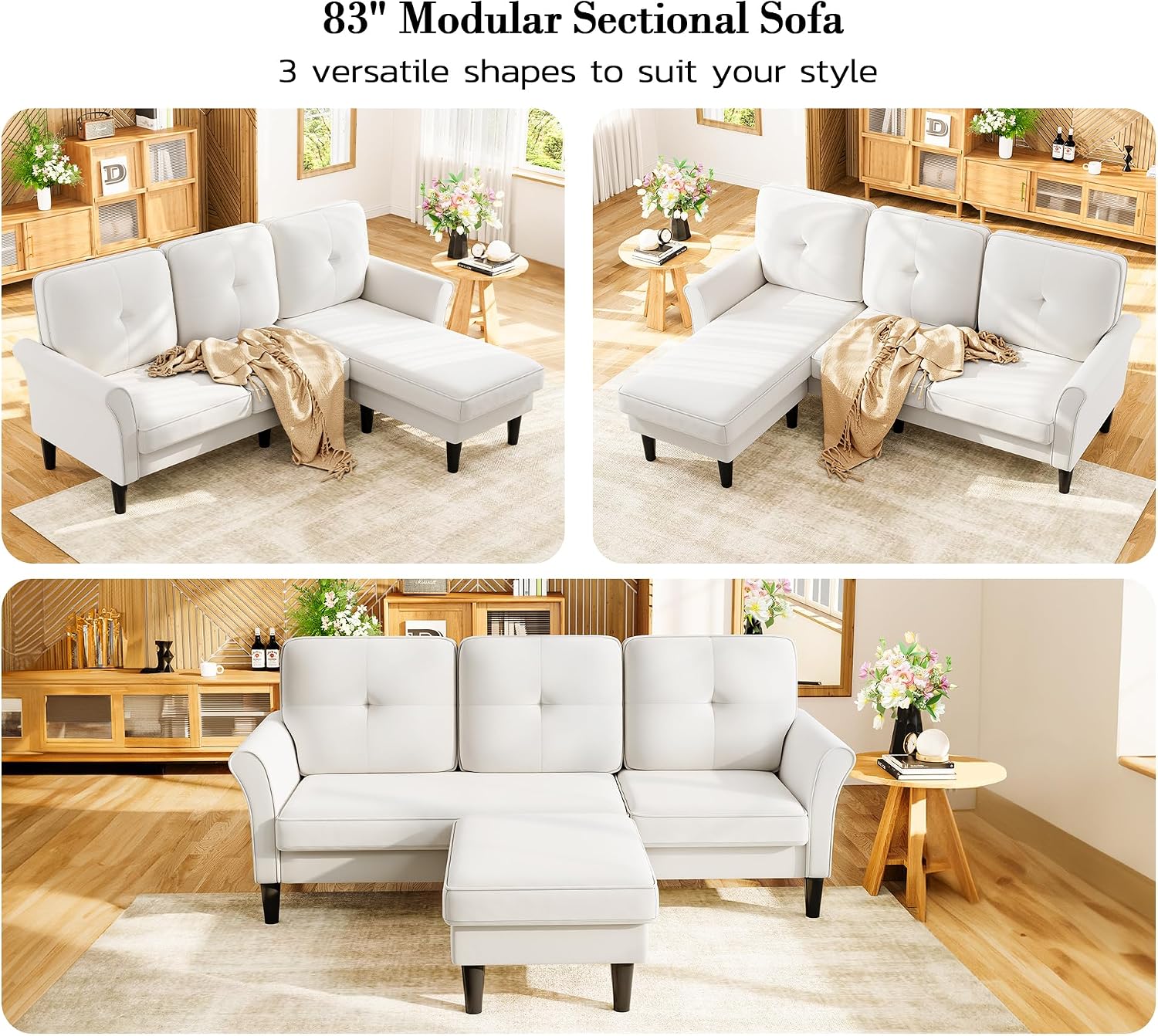 Kidirect 83' Sectional Couch, Velvet L-Shaped Couch 3 Seater Sectional Couches for Living Room, Comfy Fluffy Deep Seat Loveseat, Modular Sectional Sofa with Ottoman for Apartment Office, White Couch