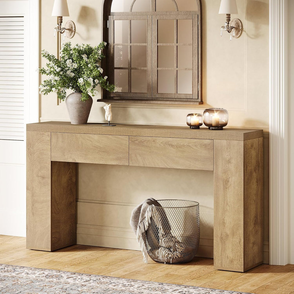 Tribesigns 63-Inch Wooden Console Table with 2 Hidden Drawers, Farmhouse Rustic Brown Sofa Table for Living Room, Hallway, Entrance, Foyer, Easy Assembly (Brown)