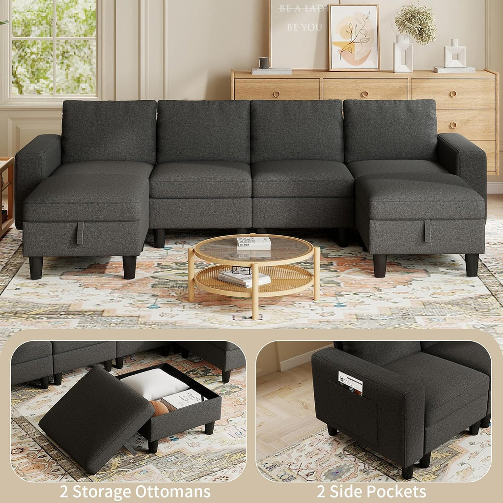 Modular Sectional Couches for Living Room, 110' U Shaped Sectional Sofa Couch with Adjustable Backrest, 6 Seat Linen Cloud Couch Sectionals with Storage Ottoman for Apartment (Dark Grey)