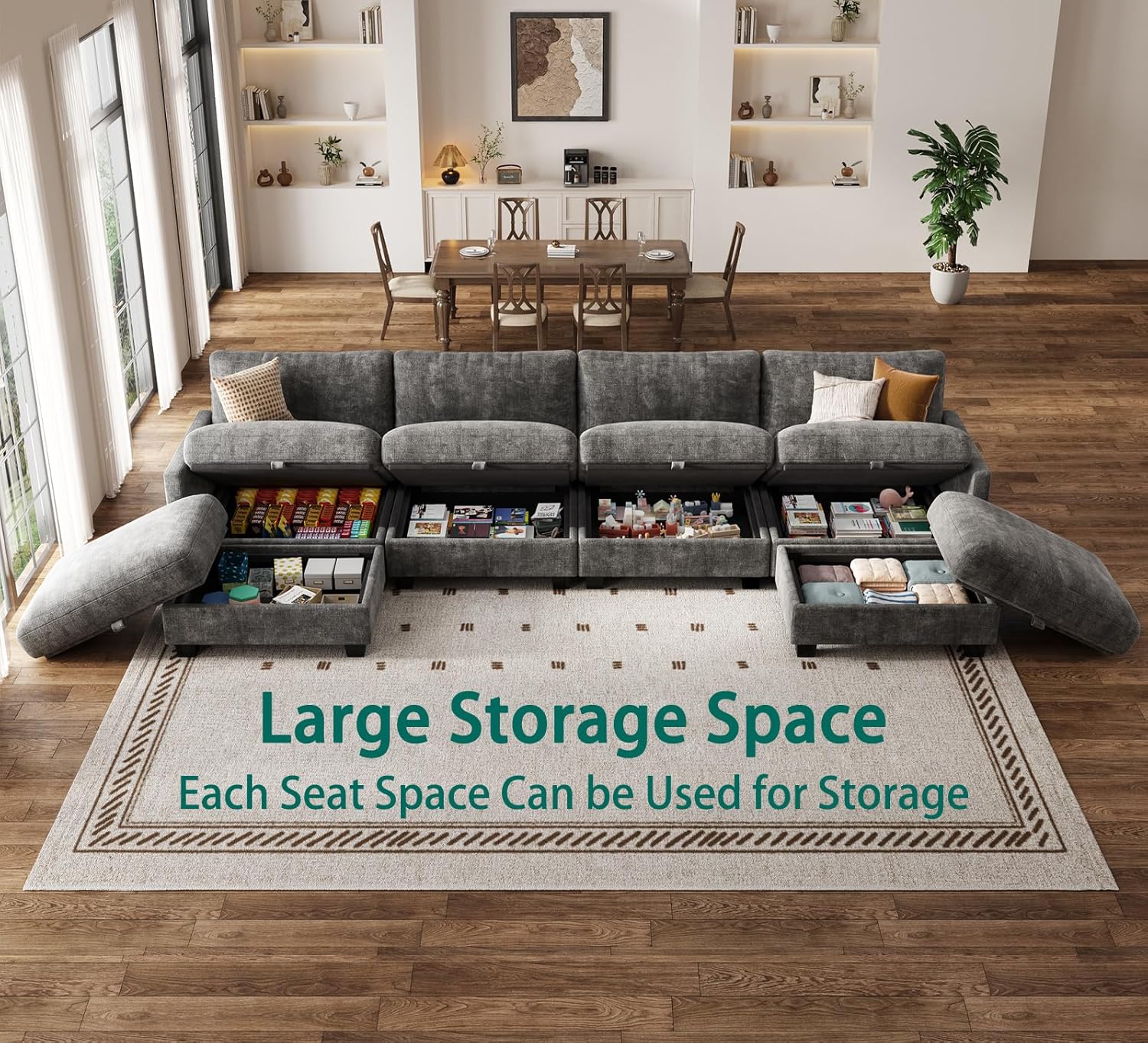 Modular Sectional U Shaped Sofa Couches for Living Room, Cloud Couch with Storage Ottoman, Comfy Chenille Sofa with Pillow, Dark Gray | Comfort, Ease of assembly, Softness, Good Quality, Storage Capacity, Sturdiness
