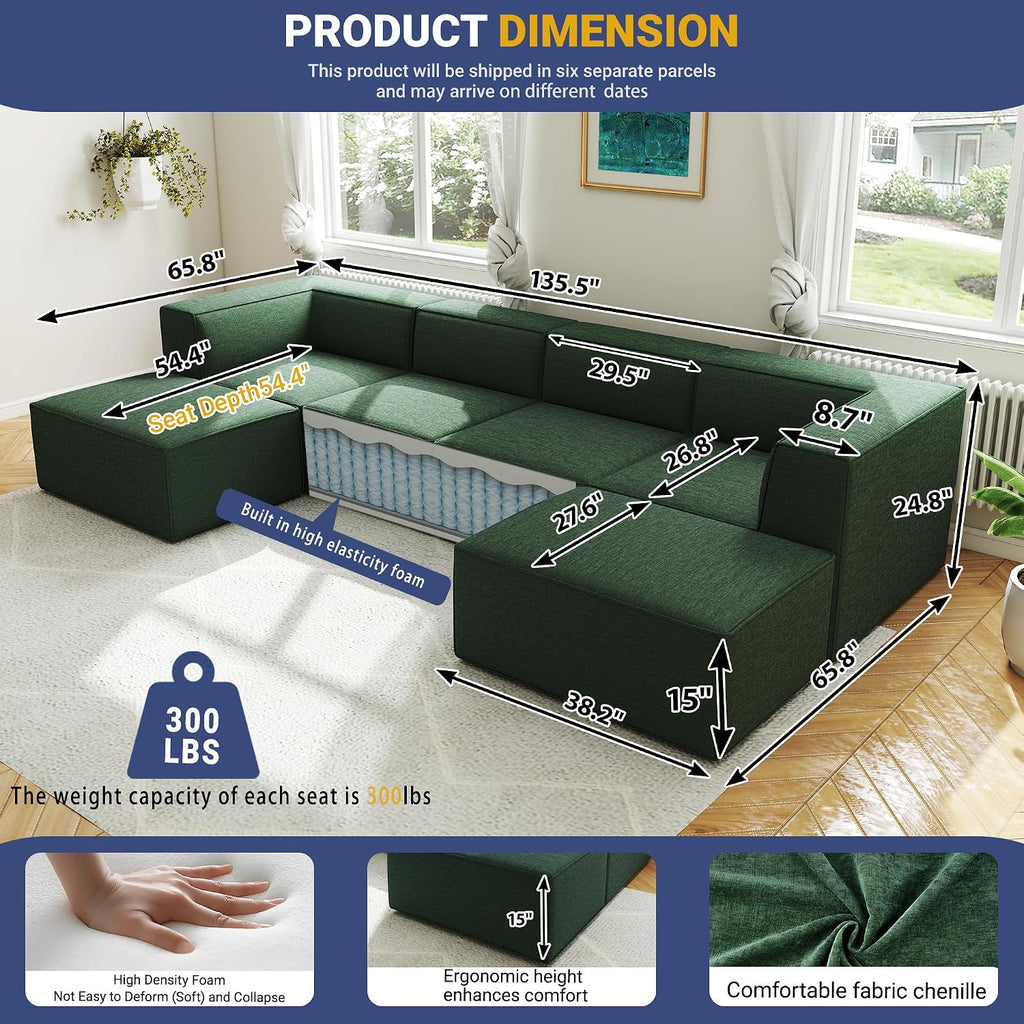 136' 6-Piece Sectional Sofa Modular Couches,L-U-Shaped with Chaise,for Living Room,Compressed Foam No Assembly,for Living Room (2xArmless Corner Ottoman) Fabric Chenille Green