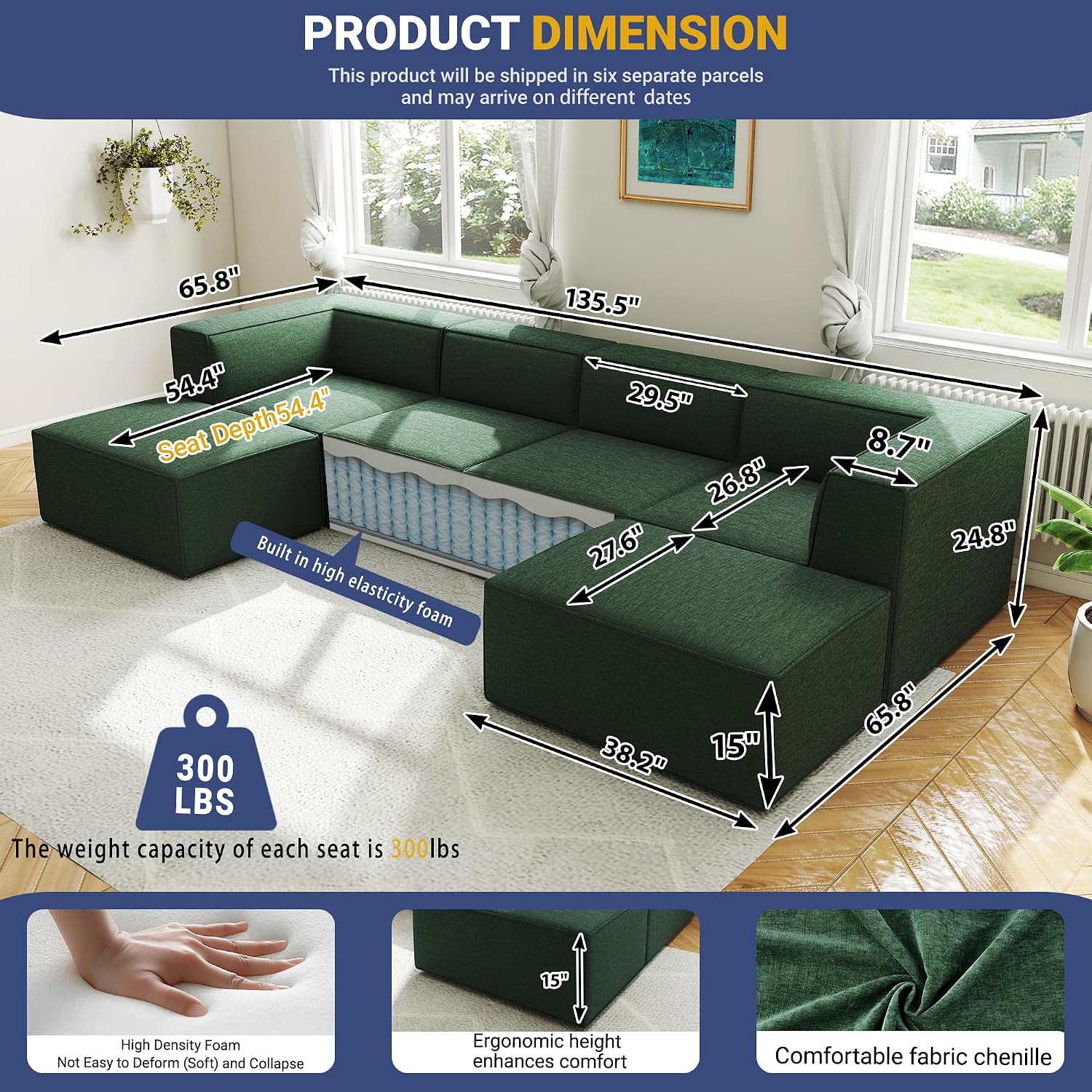 136' 6-Piece Sectional Sofa Modular Couches,L-U-Shaped with Chaise,for Living Room,Compressed Foam No Assembly,for Living Room (2xArmless Corner Ottoman) Fabric Chenille Green