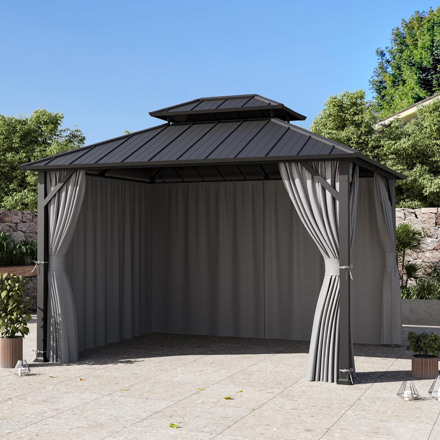 Modern Shade Yard-Dyed Gazebo Curtains Replacement Universal 4-Panel Sidewalls 10' x 12', Outdoor Gazebo Privacy Curtains with Zipper, Replacement for Outdoor, Patio and Backyard (Curtain Only)