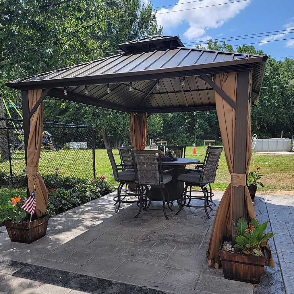 Domi 8'x10' Outdoor Gazebo, Patio Hardtop Gazebo with Galvanized Steel Double Roof, for Patio, Deck, Backyard, Curtain and Netting Included, Brown
