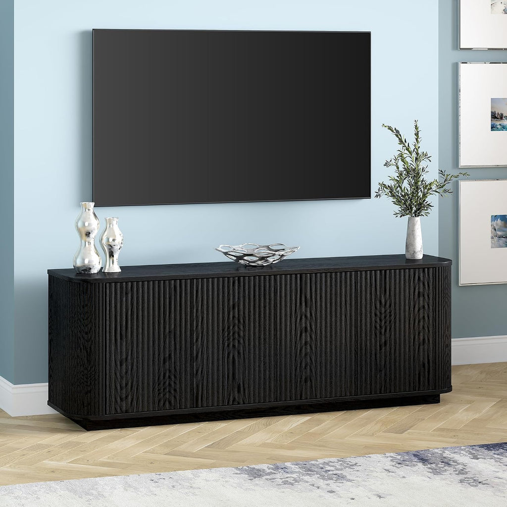 Henn&Hart Fluted TV Stand for TVs up to 75' with 2 Storage Cabinets with an Adjustable Shelf for Living Room, Family Room, or Office, Natural Black