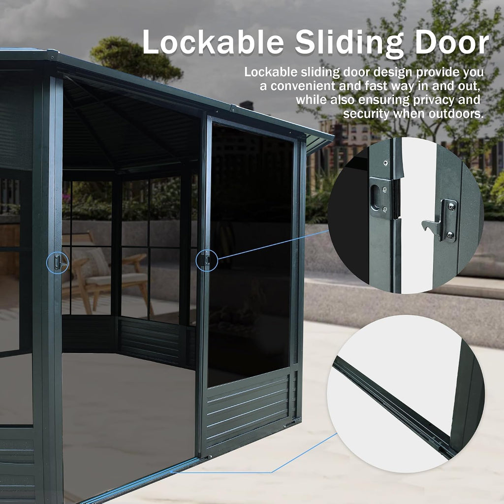 12x12 FT Octagonal Sunroom Solarium with Lockable Sliding Door & Moveable PE Screens | Dark Gray Aluminum Frame & Galvanized Steel Roof | Outdoor Screen House for Backyard, Patio, Garden