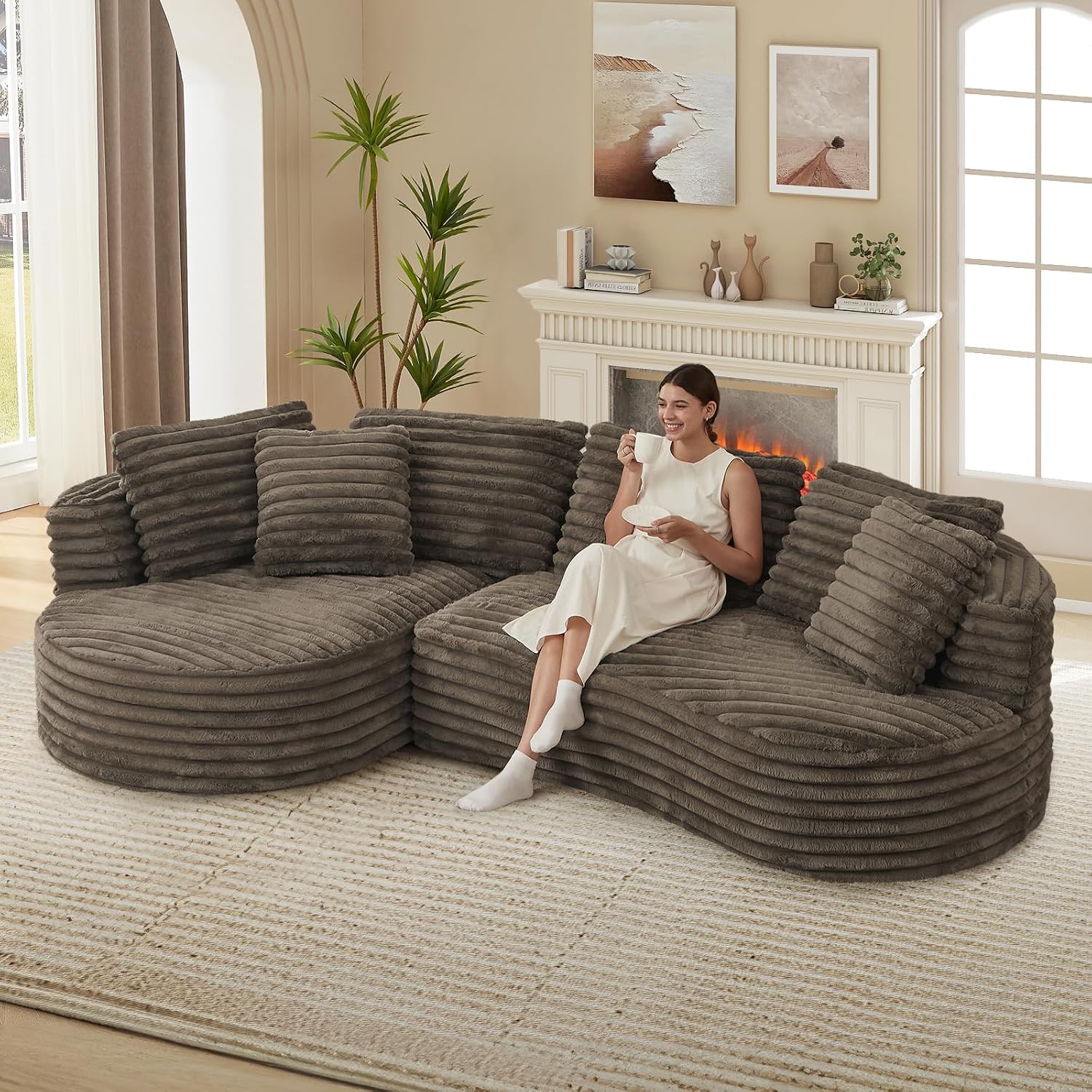 120'W Oversized Modern Curved Cloud Couch,Corduroy Modular Sectional Sofa with Chaise, L Shaped Boneless Couch, Compression Foam Sofa for Living Room Bedroom, No Assembly Required(Left Facing, Brown)