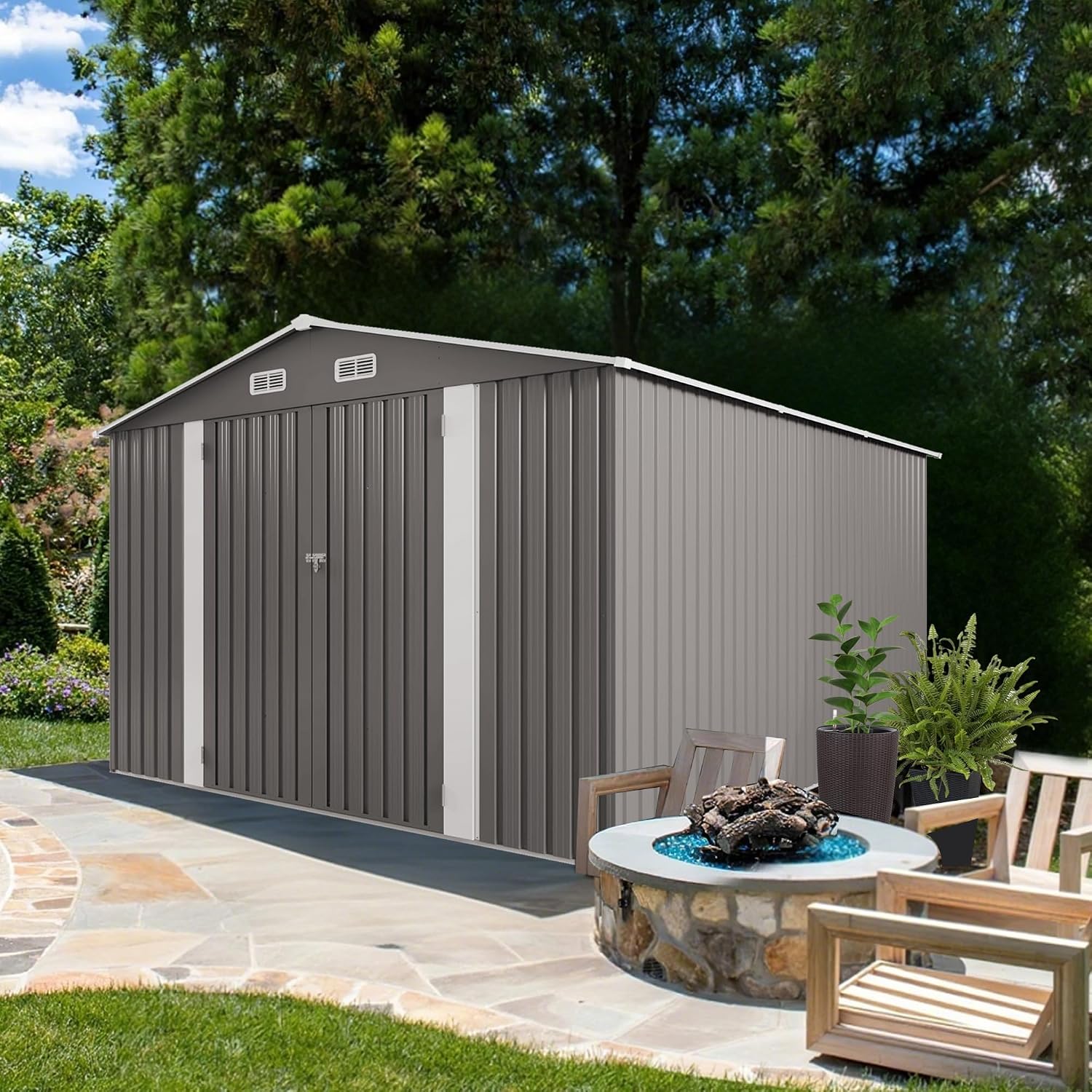 10x12 FT Outdoor Metal Storage Shed, Large Garden Tool Organizer with Double Doors and Two Windows, Waterproof Walk-in Backyard Storage Shed for Lawn, Patio, Poolside, Gray