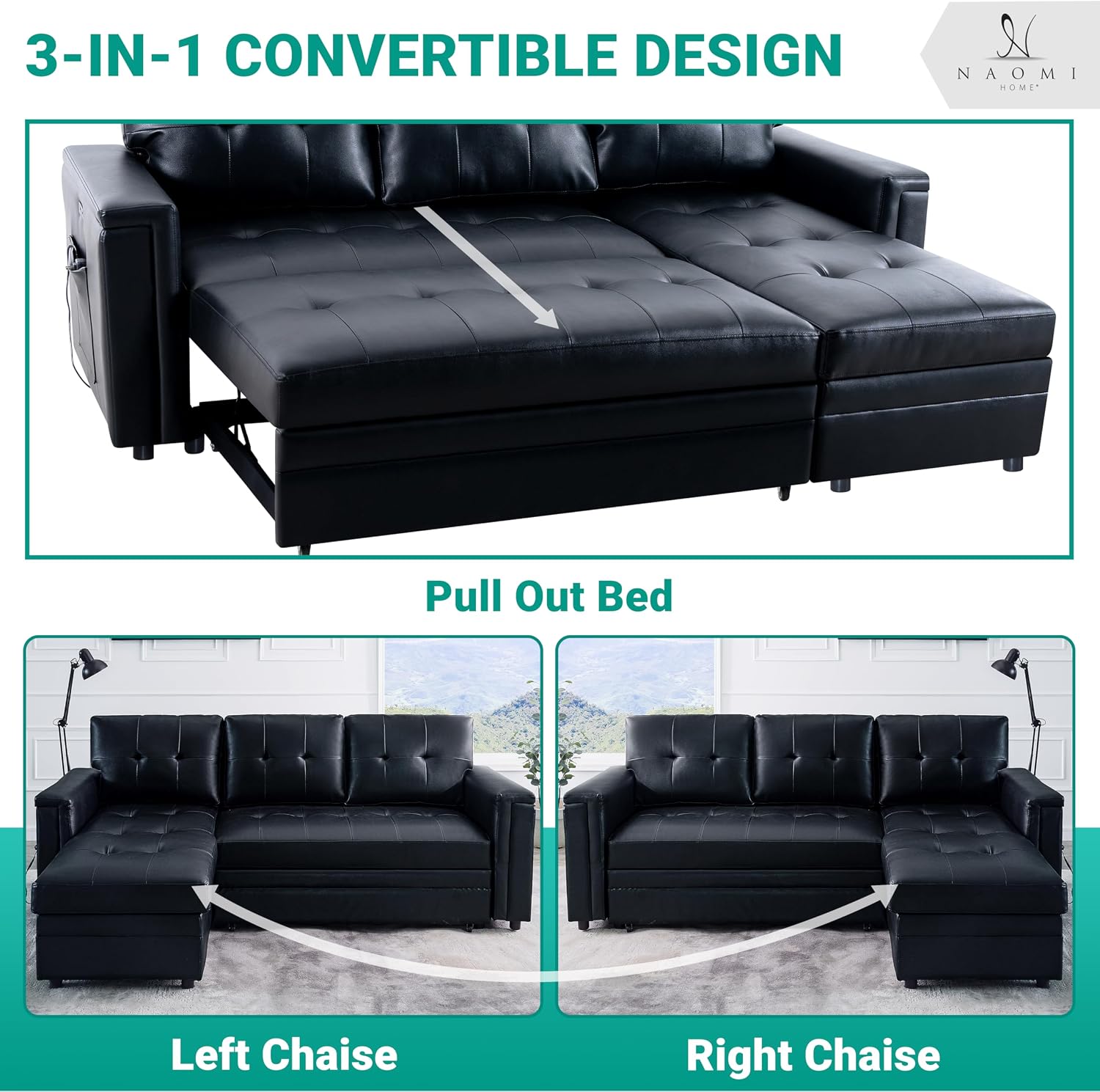 Naomi Home L-Shaped Sectional Sleeper Sofa with USB Ports - Convertible Pull-Out Bed, Ample Storage, Timeless Design, Durable Construction Black/Air Leather