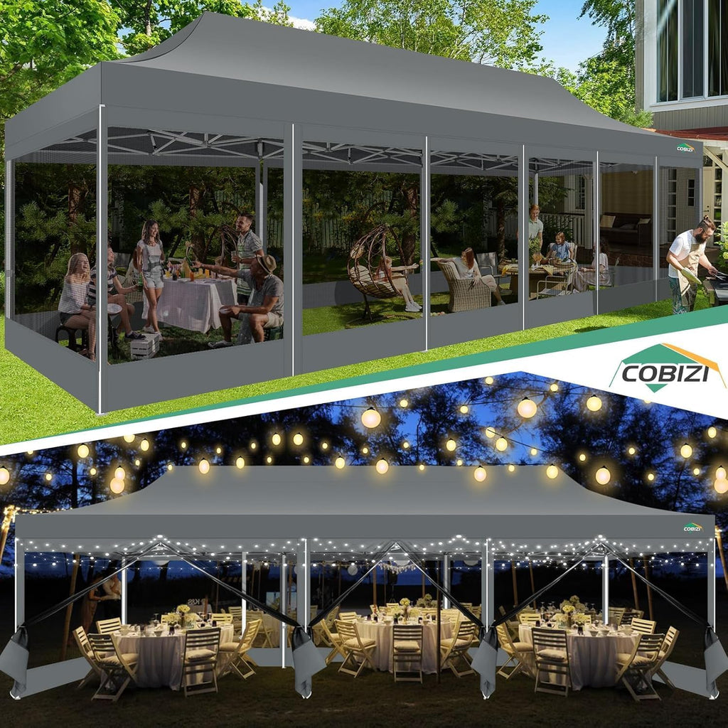 COBIZI 10x30 Pop Up Canopy with Sidewalls, Heavy Duty Canopy with Mosquito Netting, Easy up Screen Party Tents for Parties Backyard Outdoor Commercial Event Gazebo with Roller Bag, Sandbags, Gray