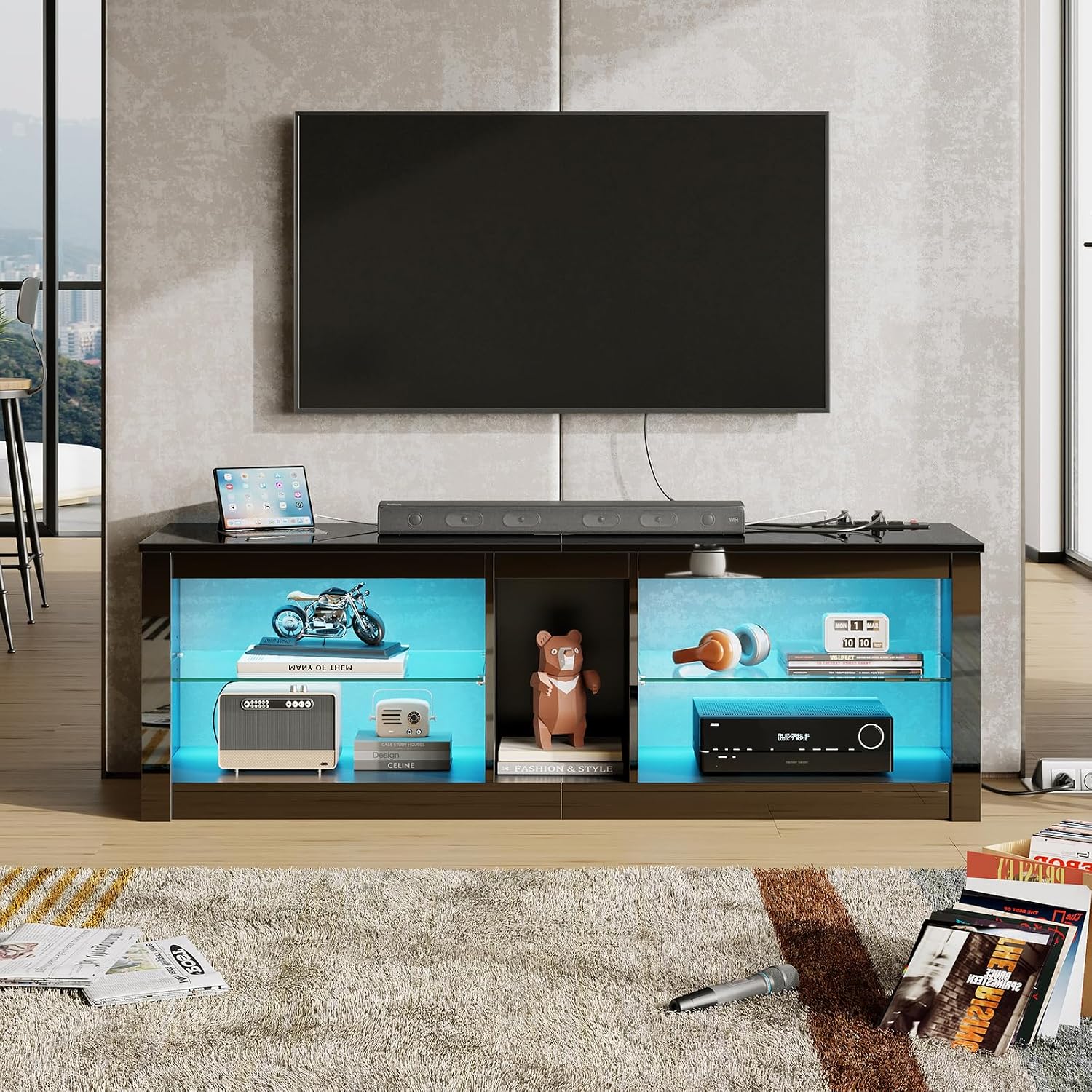 Bestier LED TV Stand for 55/60/65 Inch TV, Black High Gloss Entertainment Center with Power Outlet & Adjustable Shelves, Modern Gaming TV Console with Storage for Living Room Bedroom