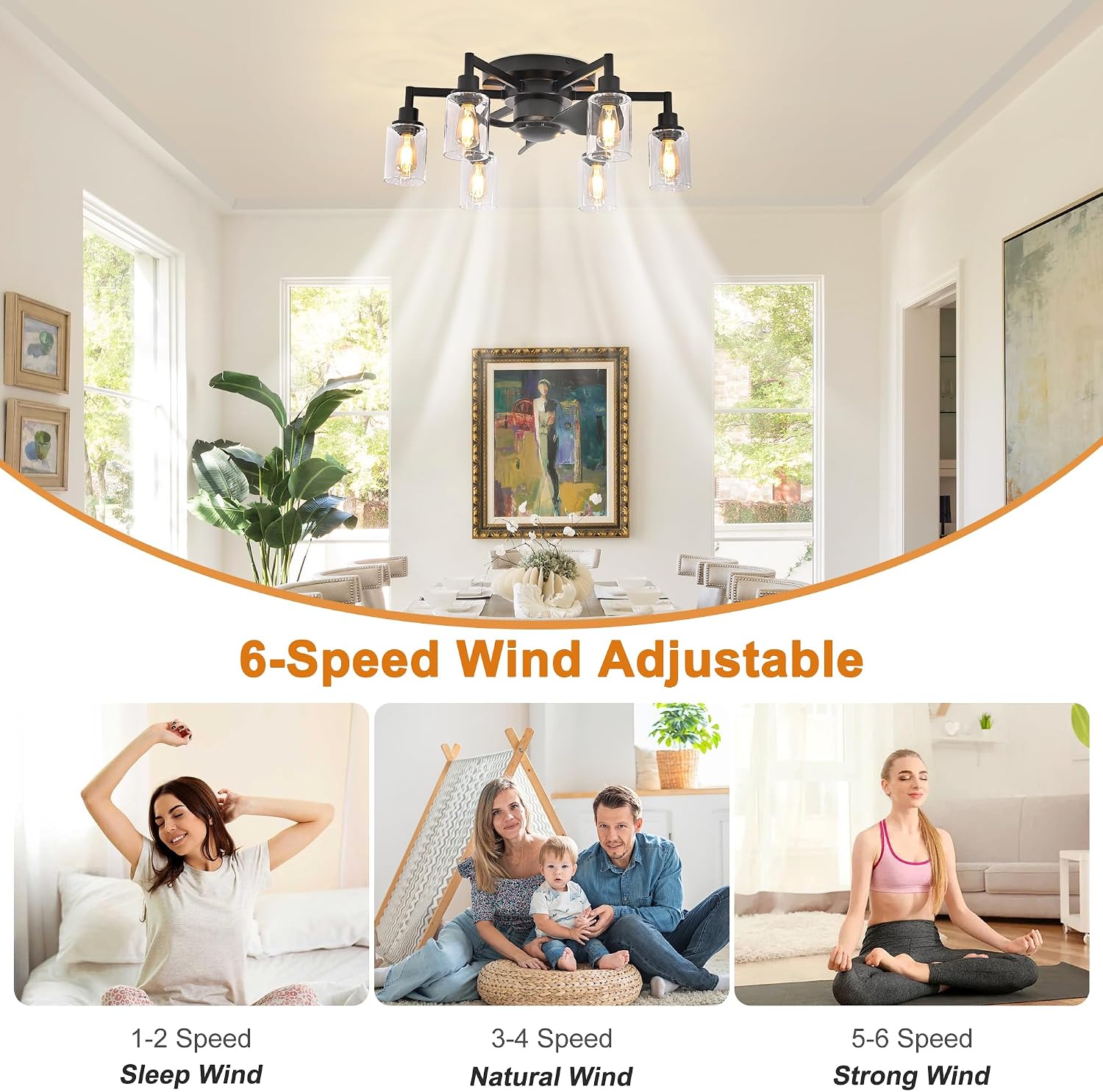Garwarm 26.4' Ceiling Fans with Lights, Black Flush Mount Ceiling Fan with Lights Remote Control,Low Profile Bladeless Ceiling Fan Light Fixture for Bedroom, Kitchen, Dining Room