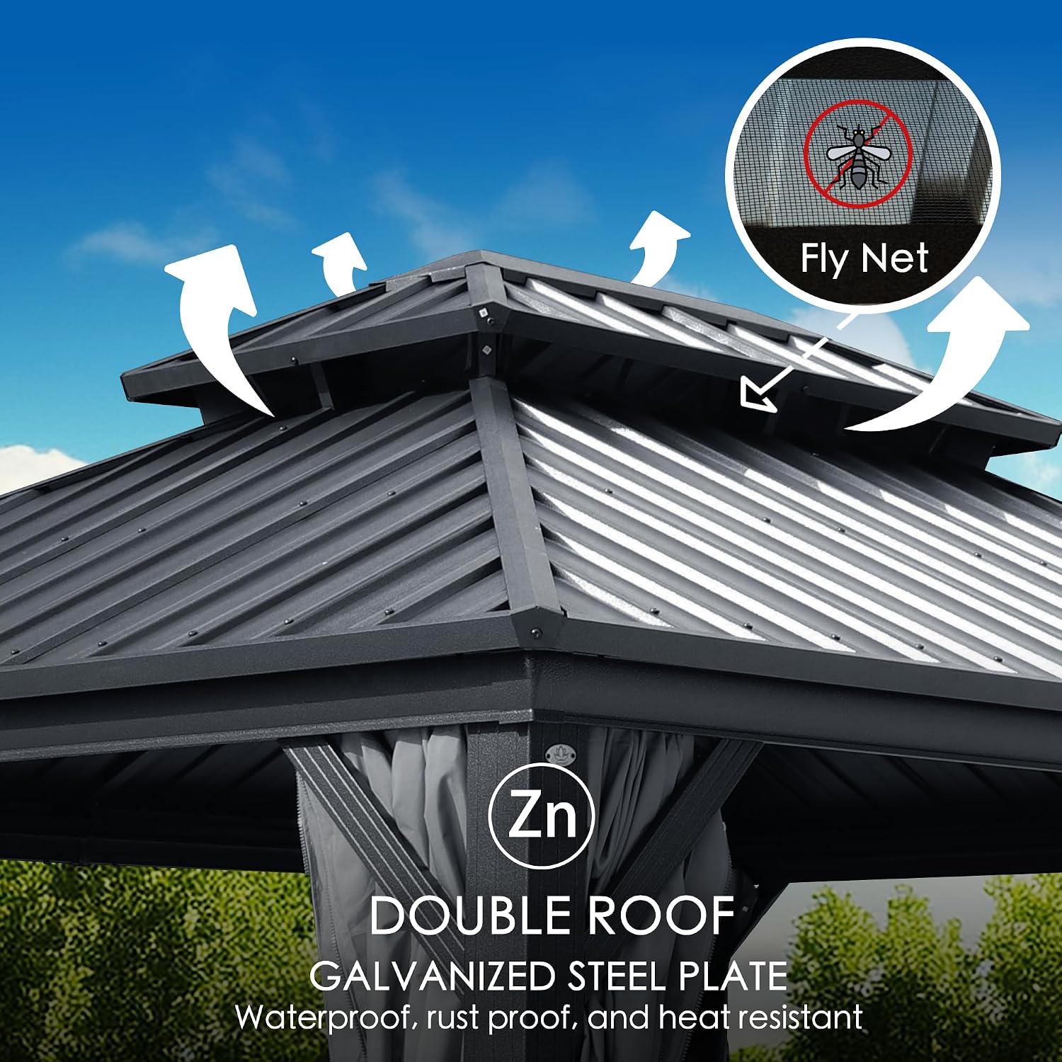 Kozyard Caesar 10'x12' Hardtop Gazebo - Permanent Metal Pavilion with Netting Shaded Curtains for Patio, Backyard, and Deck - Galvanized Steel Outdoor Aluminum Canopy, Double Roof Gazebo (Grey)