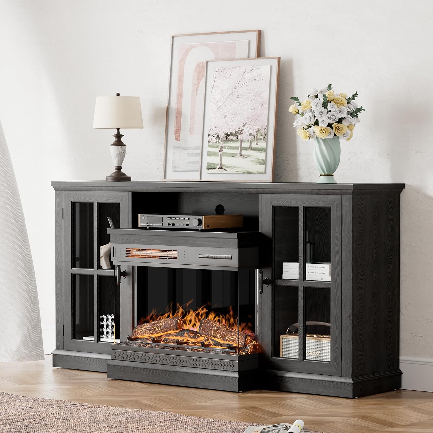 YESHOMY Glass Fireplace TV Stand for Televisions up to 65', Media Entertainment Center Console Table with Doors Closed Storage, Black